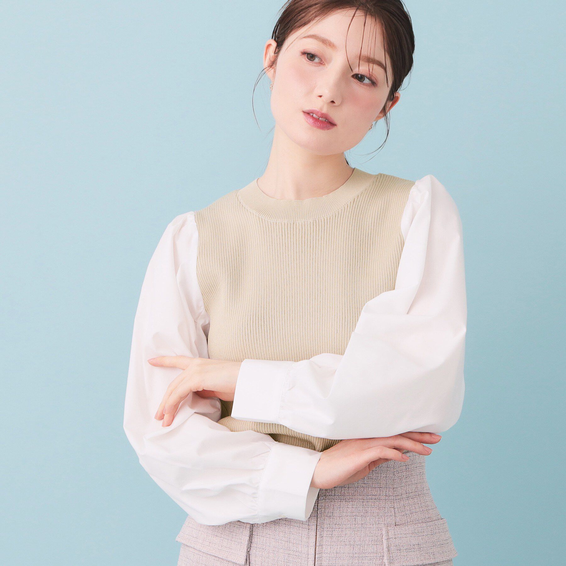 index「シャーリングドッキングニット【洗濯機OK】」|ニット・セーター|グレージュ(050)