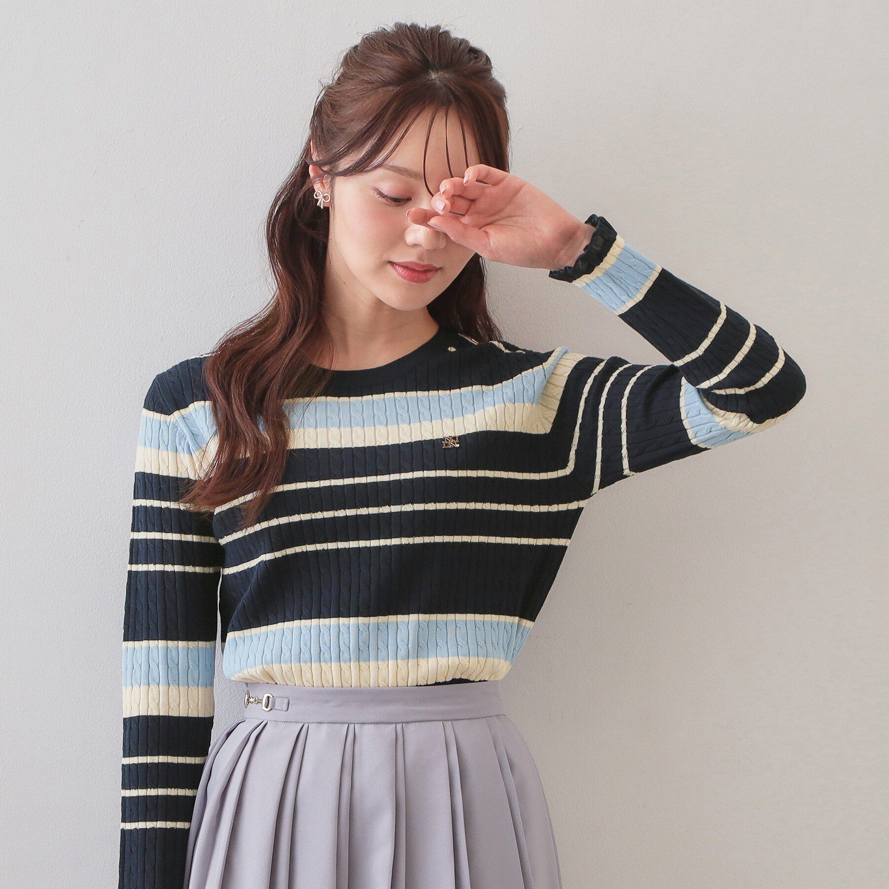 index「ランダムボーダーケーブルニット【洗濯機OK/抗ピル】」|ニット・セーター|ネイビー(394)