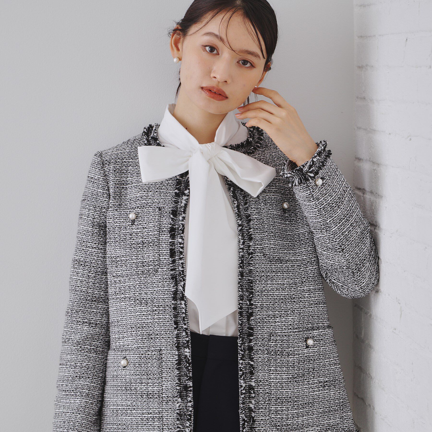 OPAQUE.CLIP「《通勤・セレモニー対応》コットンツイードミドルジャケット」|ノーカラージャケット|