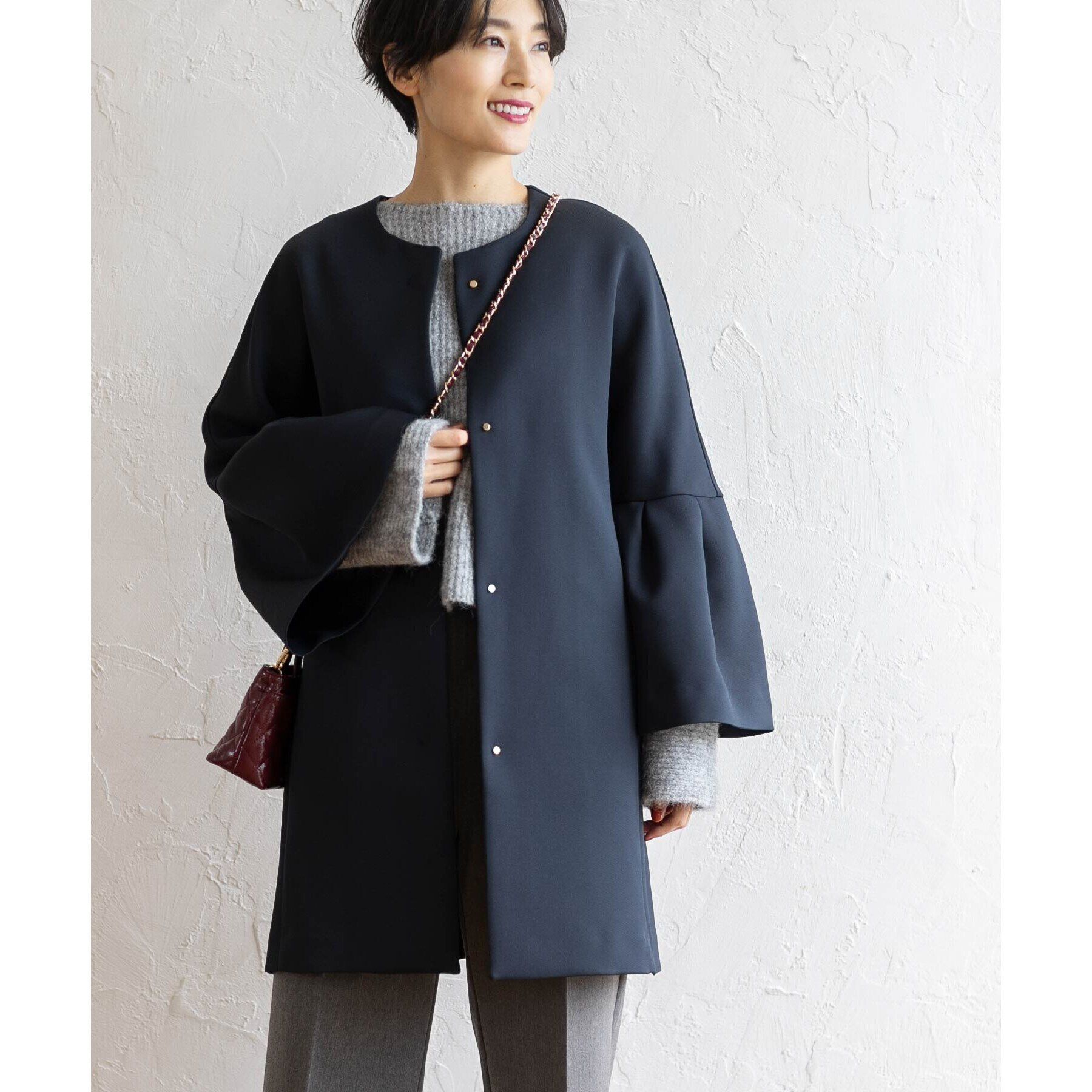 OPAQUE.CLIP「フレアスリーブミドルコート【洗える】」|ノーカラーコート|