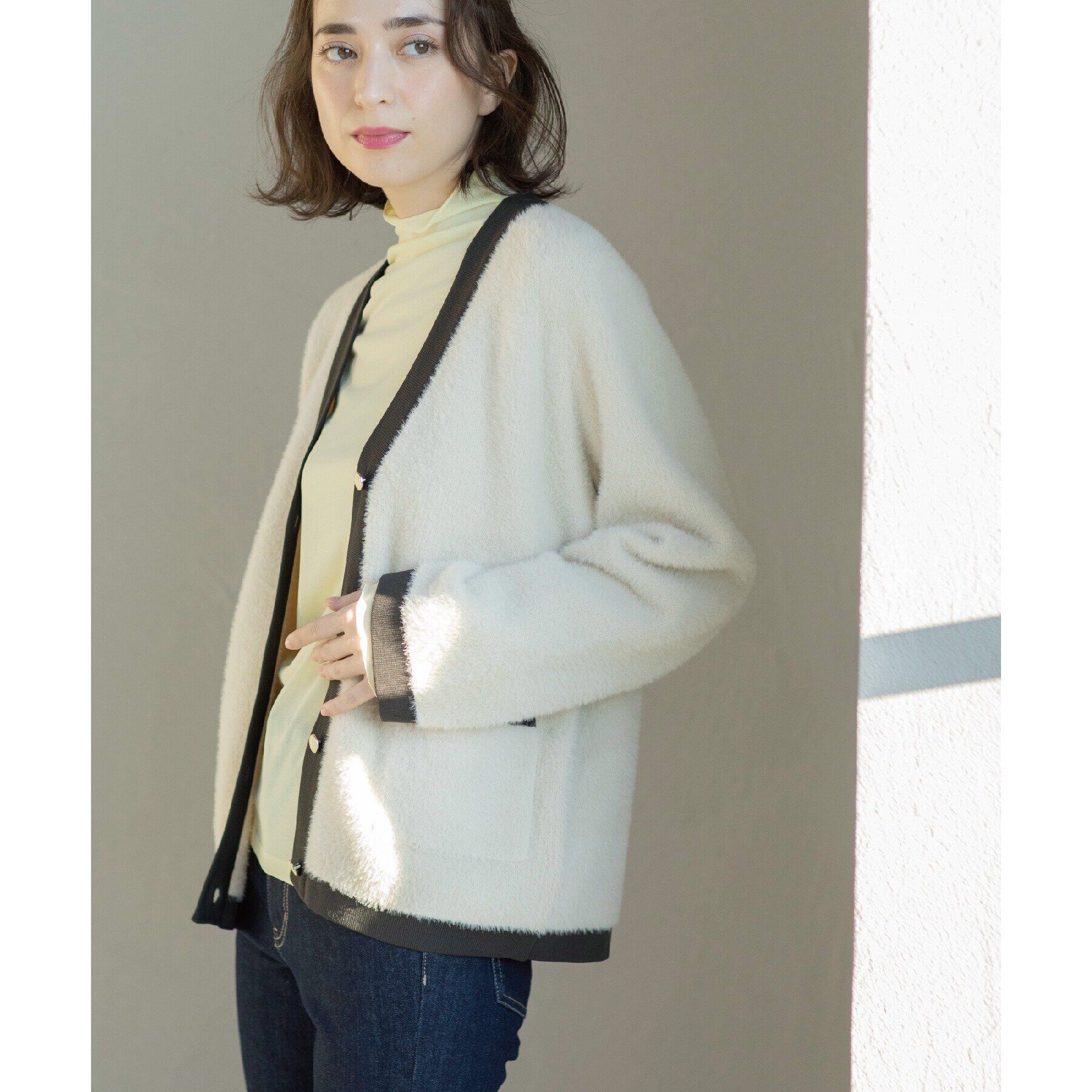 OPAQUE.CLIP「フェザーヤーン配色Vネックカーディガン【洗濯機洗い可】」|カーディガン|