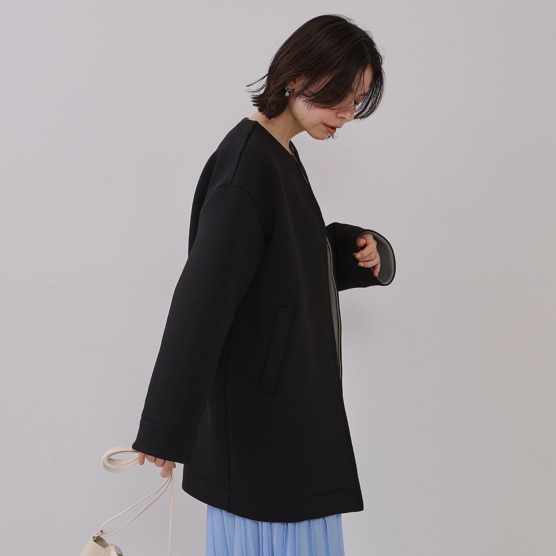 OPAQUE.CLIP「ノーカラーZIPミドルコート【洗濯機洗い可/抗ピル】」|ノーカラーコート|