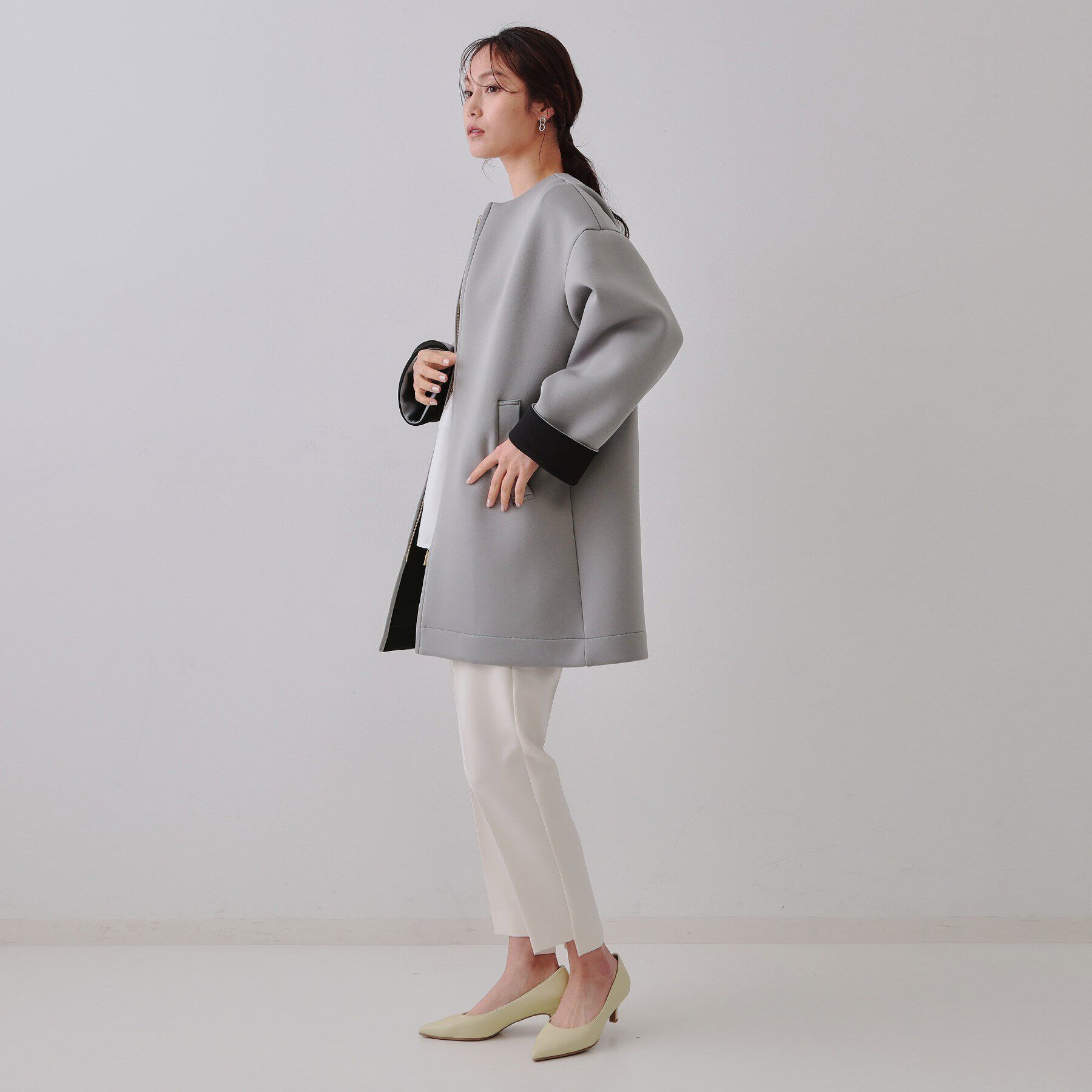 OPAQUE.CLIP「ノーカラーZIPミドルコート【洗濯機洗い可/抗ピル】」|ノーカラーコート|