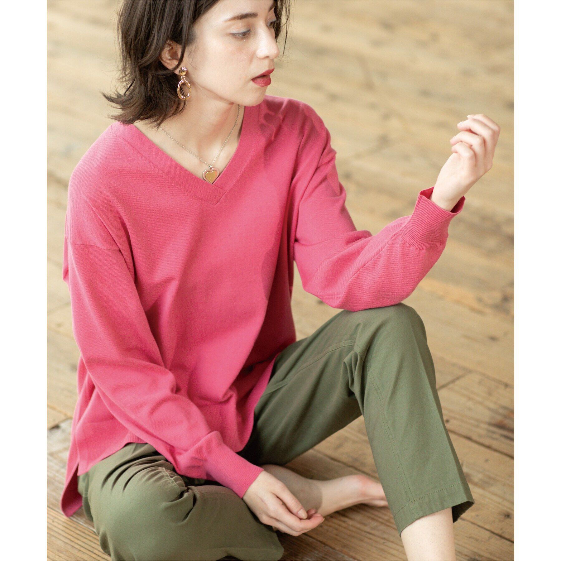 OPAQUE.CLIP「リラクシーVネックニット/オーガニックコツトン混【UV/洗濯機洗い可】」|ニット・セーター|ピンク(072)