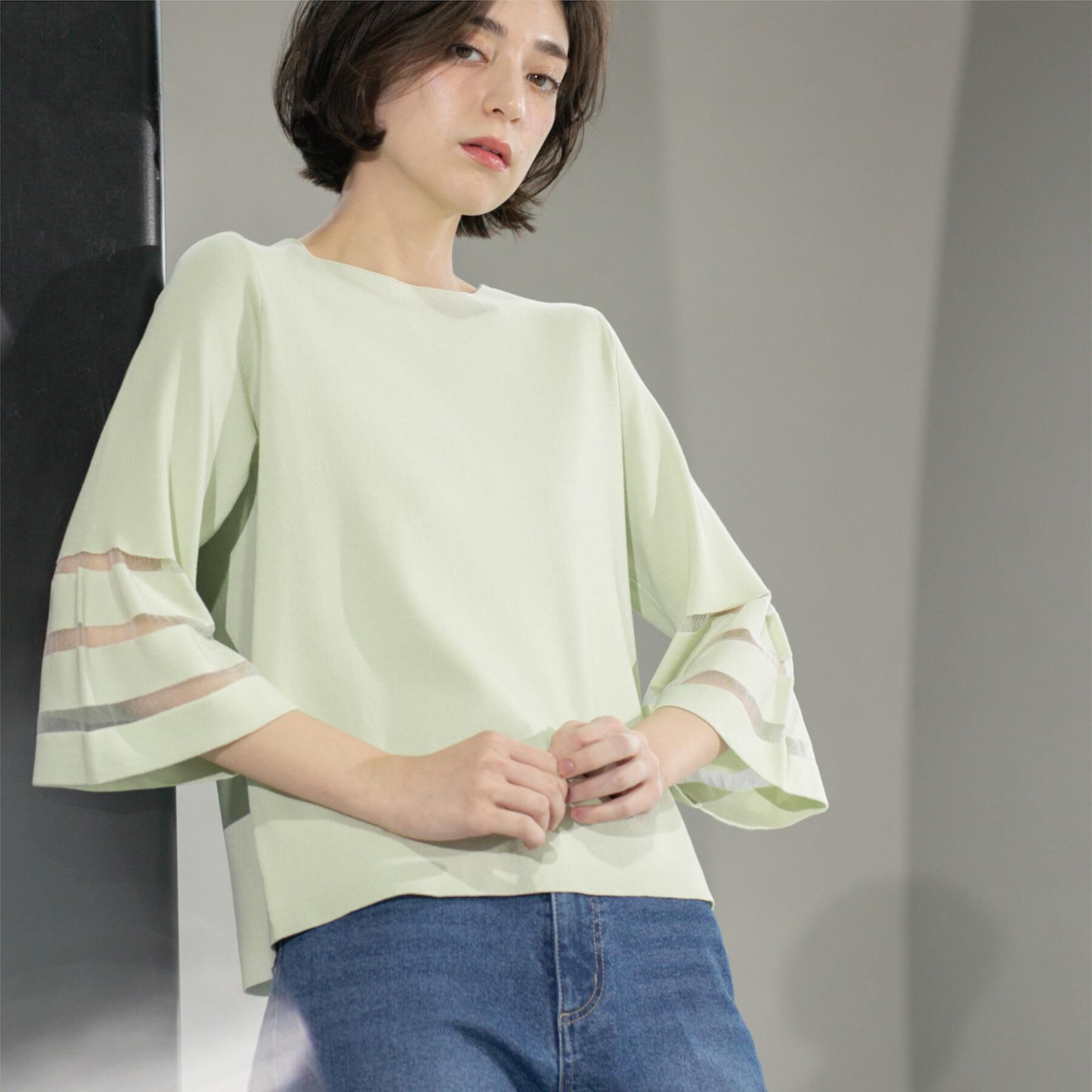 OPAQUE.CLIP「《6色展開》シアーボーダーフレアスリーブニット【洗濯機洗い可】」|ニット・セーター|