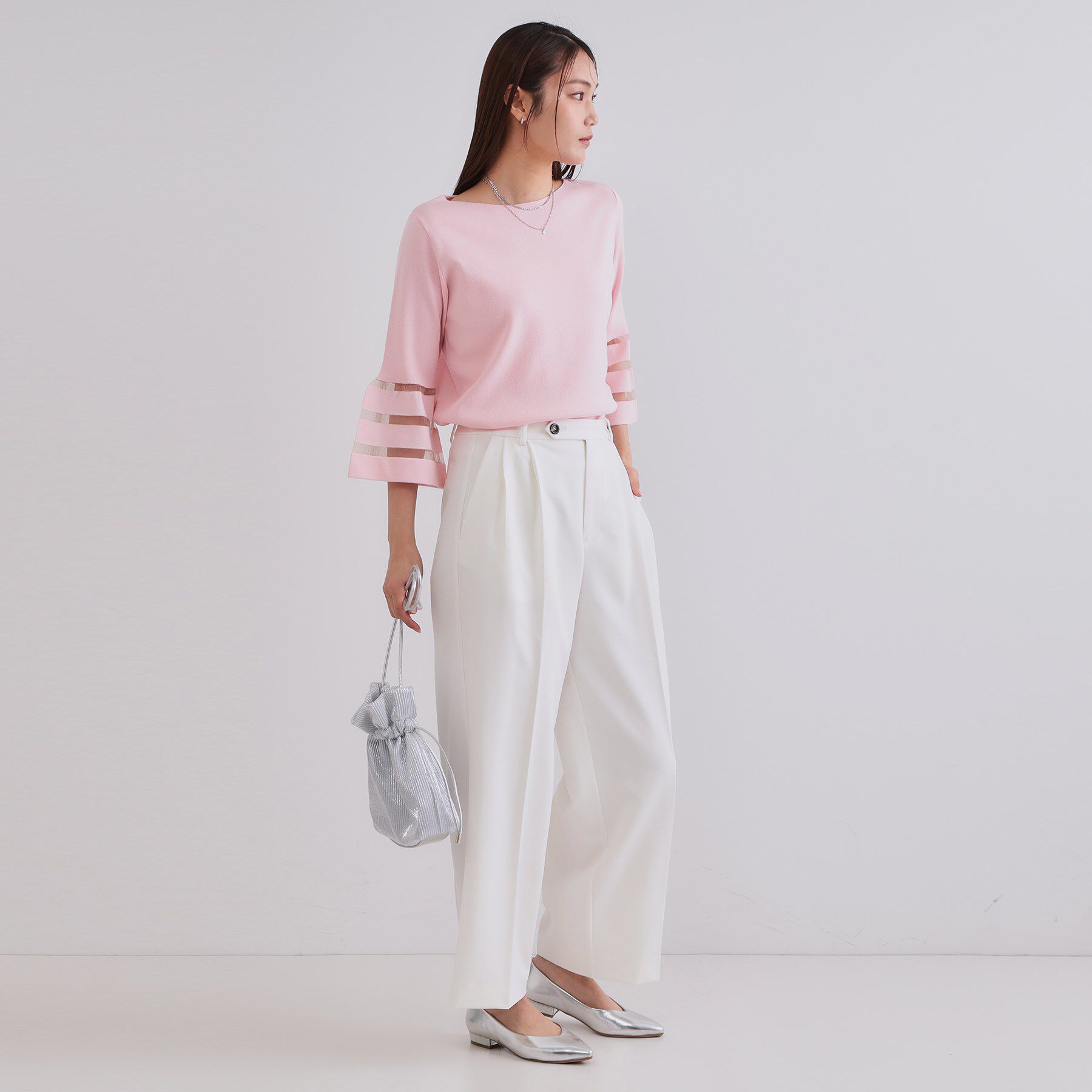 OPAQUE.CLIP「《6色展開》シアーボーダーフレアスリーブニット【洗濯機洗い可】」|ニット・セーター|