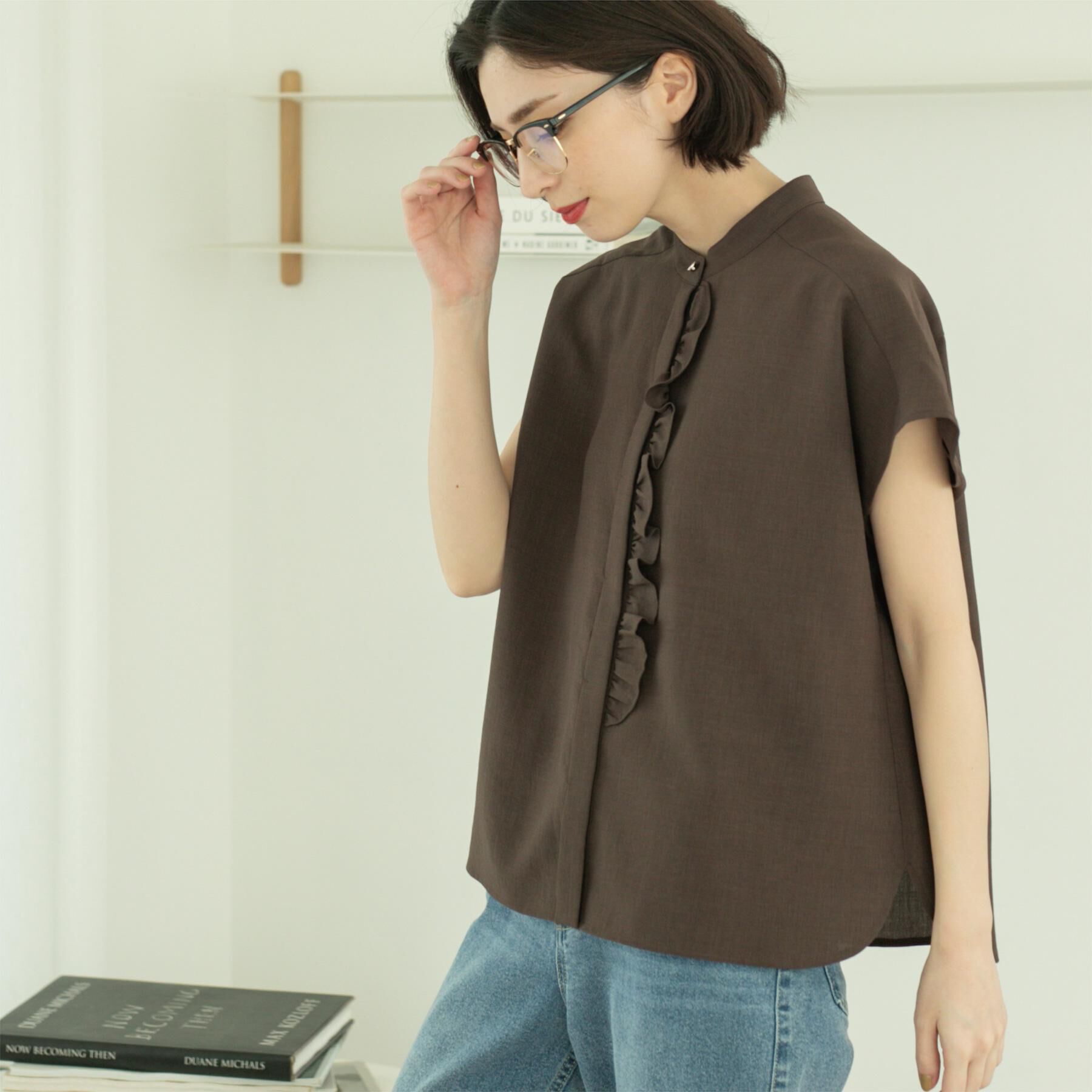 OPAQUE.CLIP「リネンライクフロントフリルブラウス【洗濯機洗い可/吸水速乾/接触冷感】」|シャツ・ブラウス|ブラウン(043)