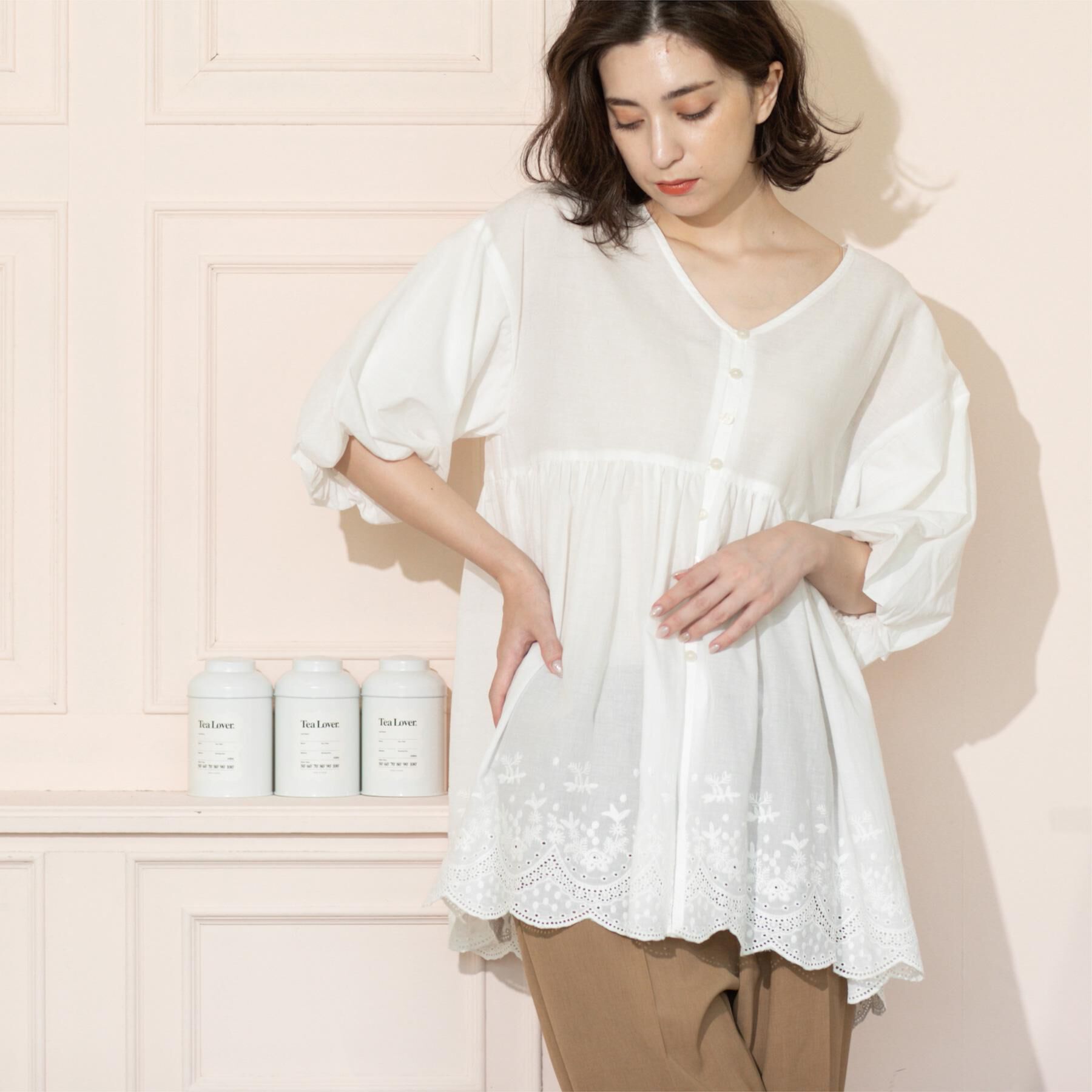 OPAQUE.CLIP「バルーン袖スカラップ刺繍レースチュニック」|シャツ・ブラウス|