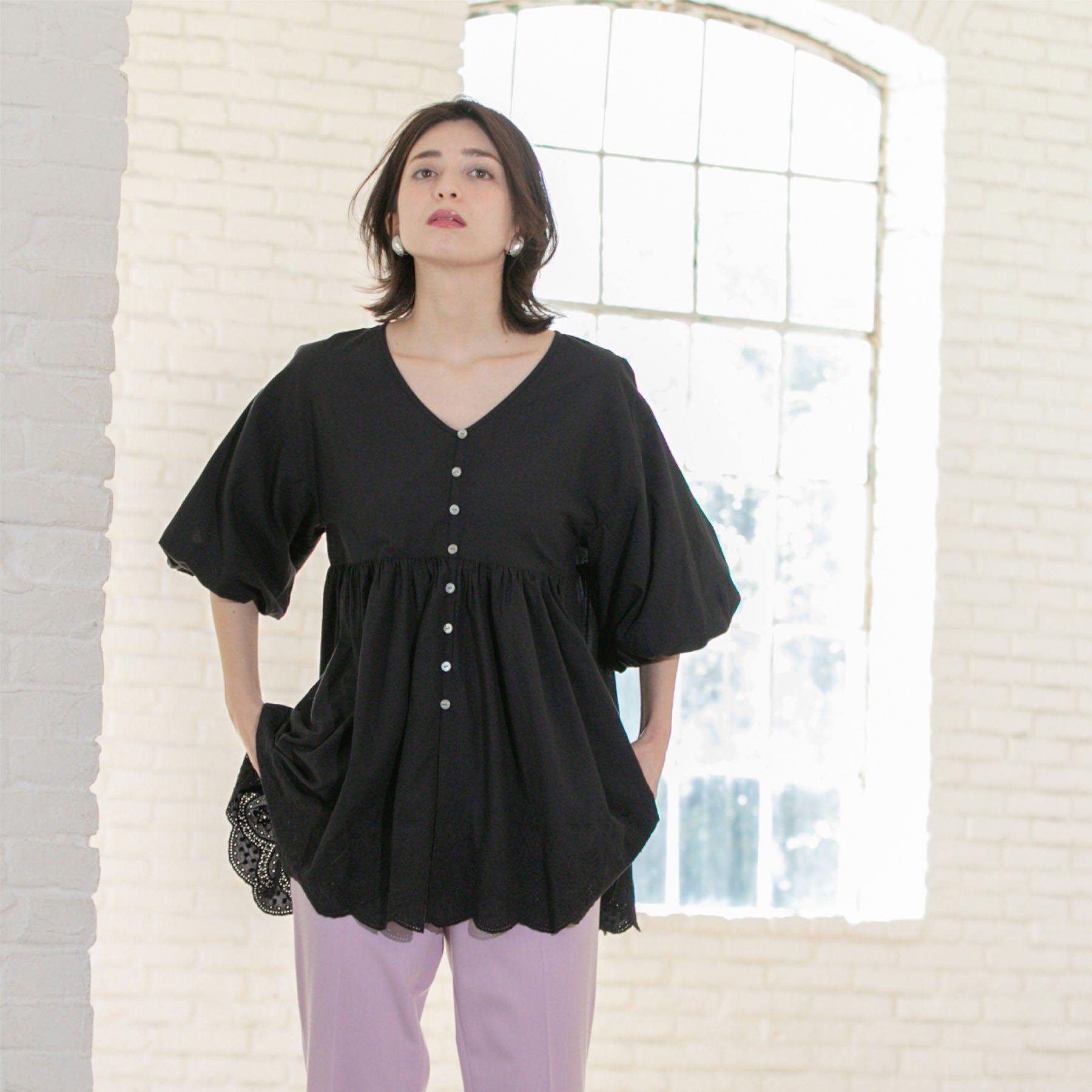 OPAQUE.CLIP「バルーン袖スカラップ刺繍レースチュニック」|シャツ・ブラウス|