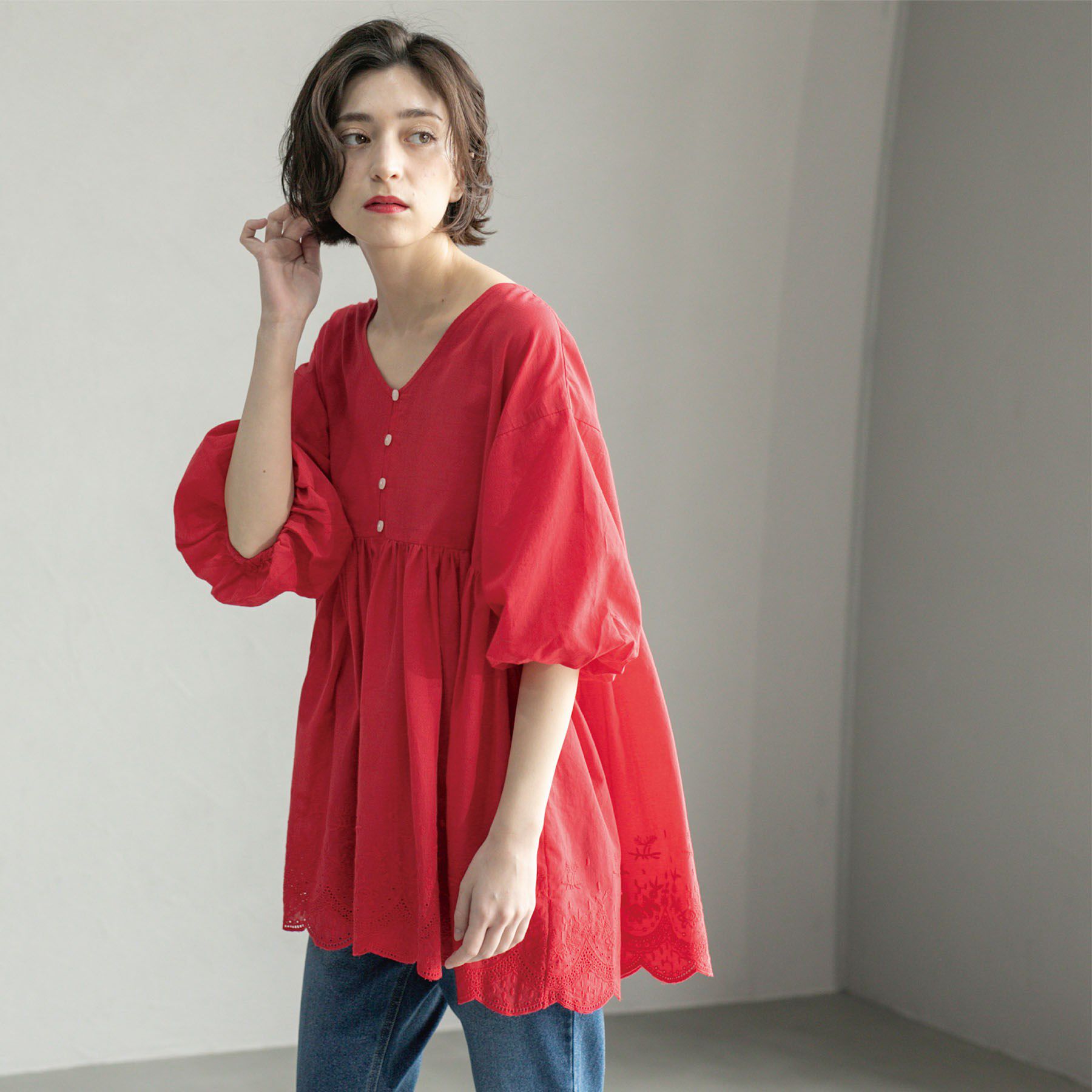 OPAQUE.CLIP「バルーン袖スカラップ刺繍レースチュニック」|シャツ・ブラウス|