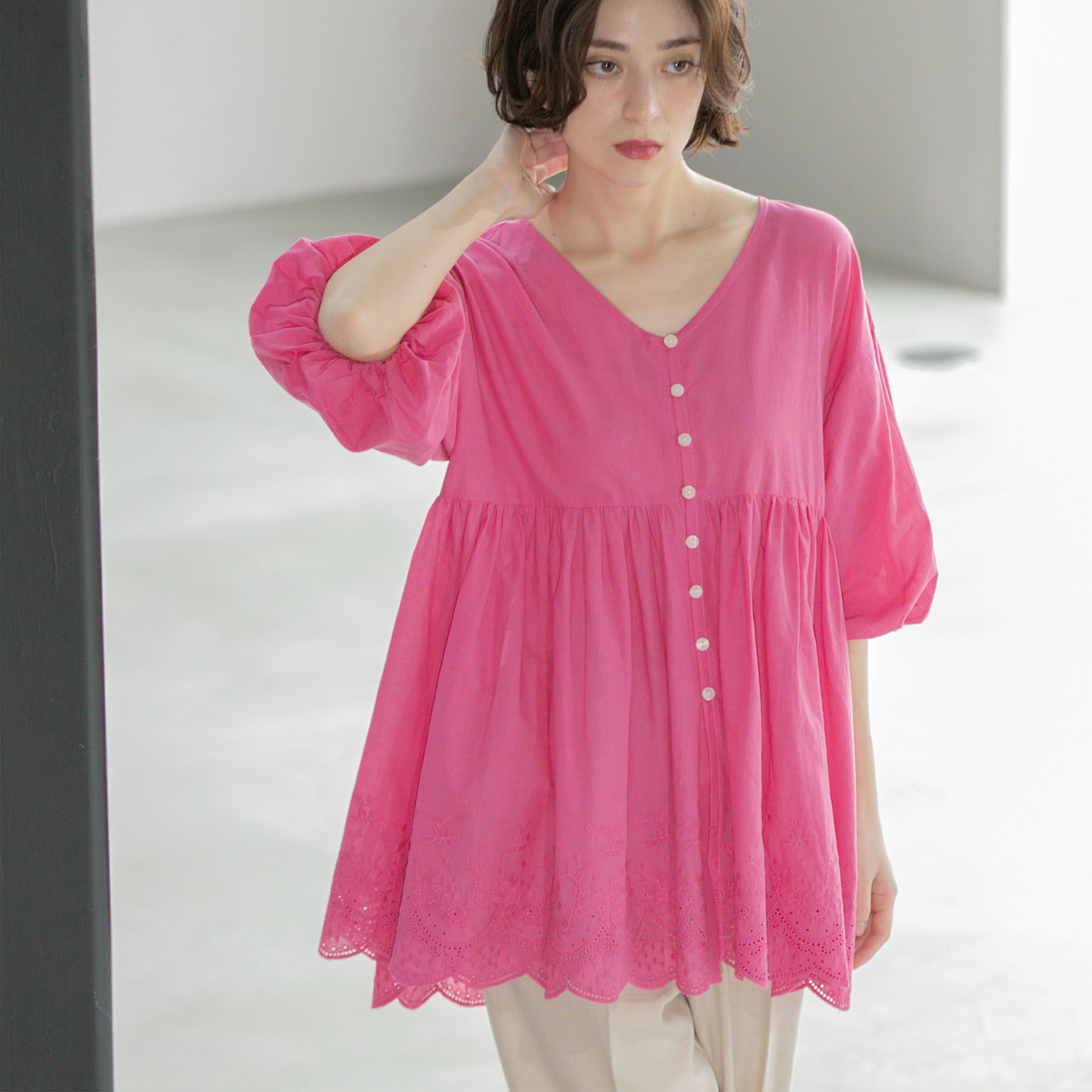 OPAQUE.CLIP「バルーン袖スカラップ刺繍レースチュニック」|シャツ・ブラウス|