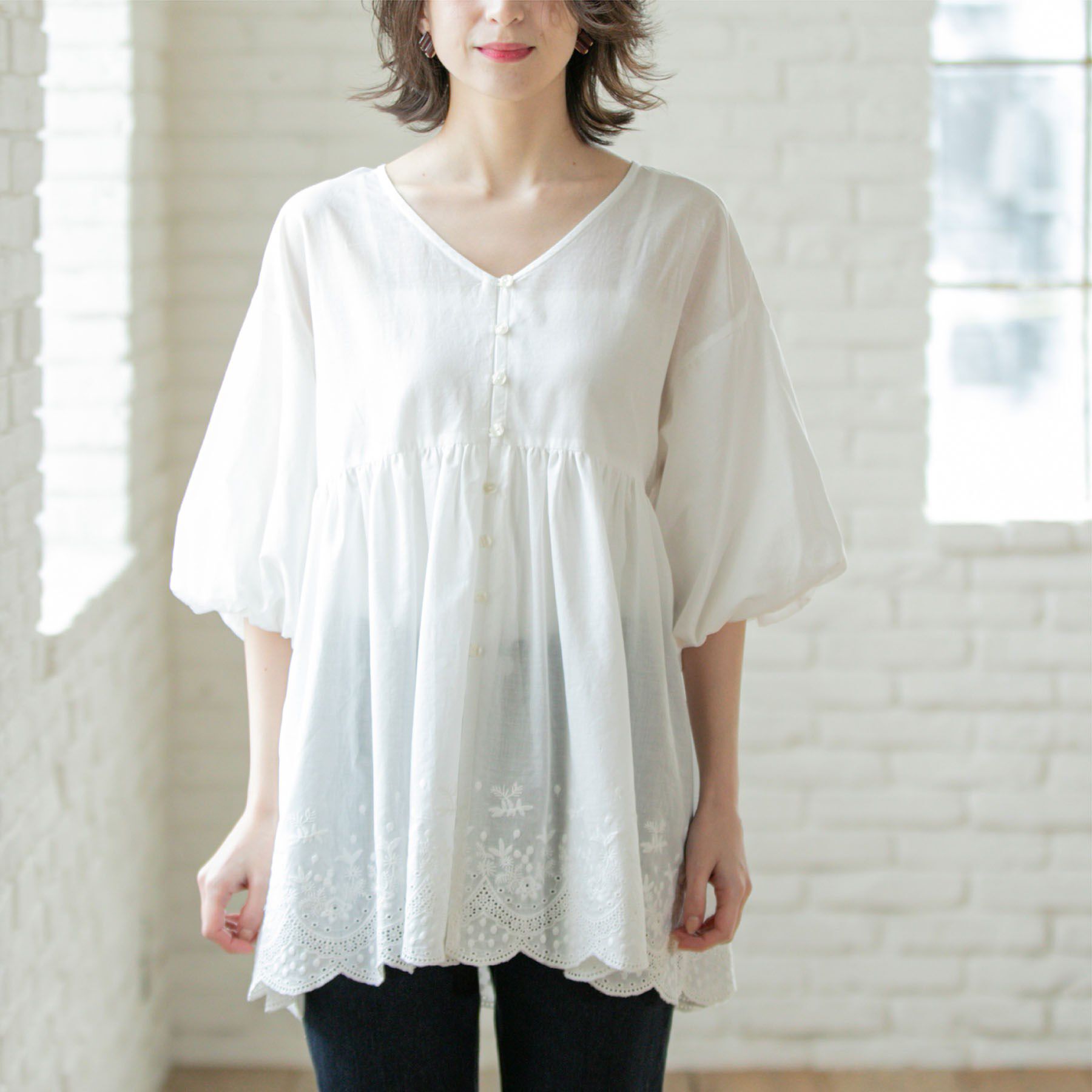OPAQUE.CLIP「バルーン袖スカラップ刺繍レースチュニック」|シャツ・ブラウス|
