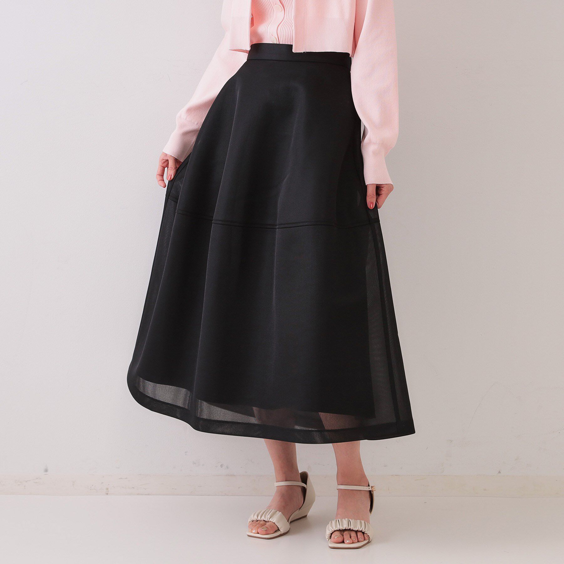 OPAQUE.CLIP「《美人百花掲載》スポンディッシュシアーフレアスカート【洗濯機洗い可】」|スカート|ブラック(019)