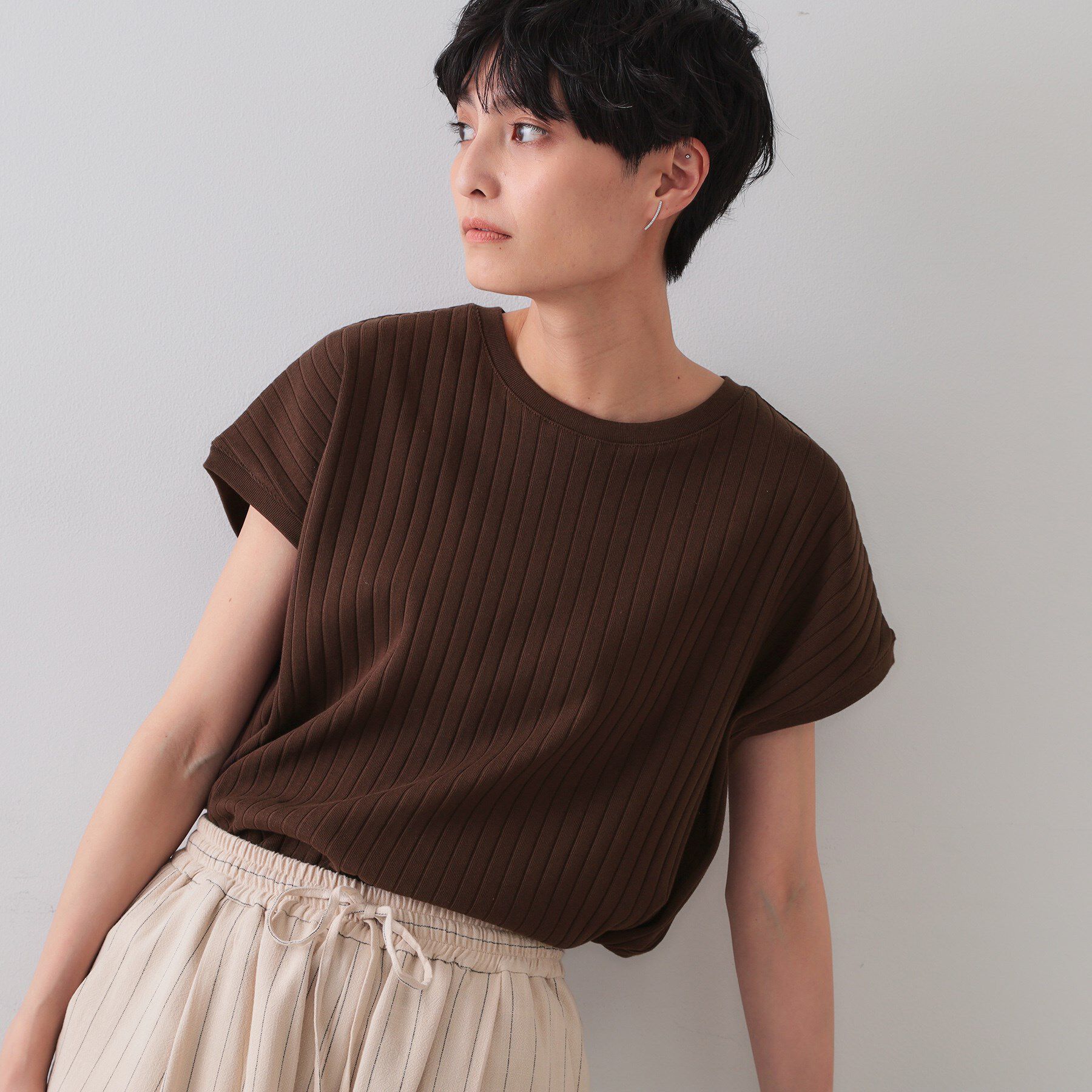 OPAQUE.CLIP「ワイドリブフレンチTシャツ【洗濯機洗い可】」|Tシャツ・カットソー|ブラウン(043)