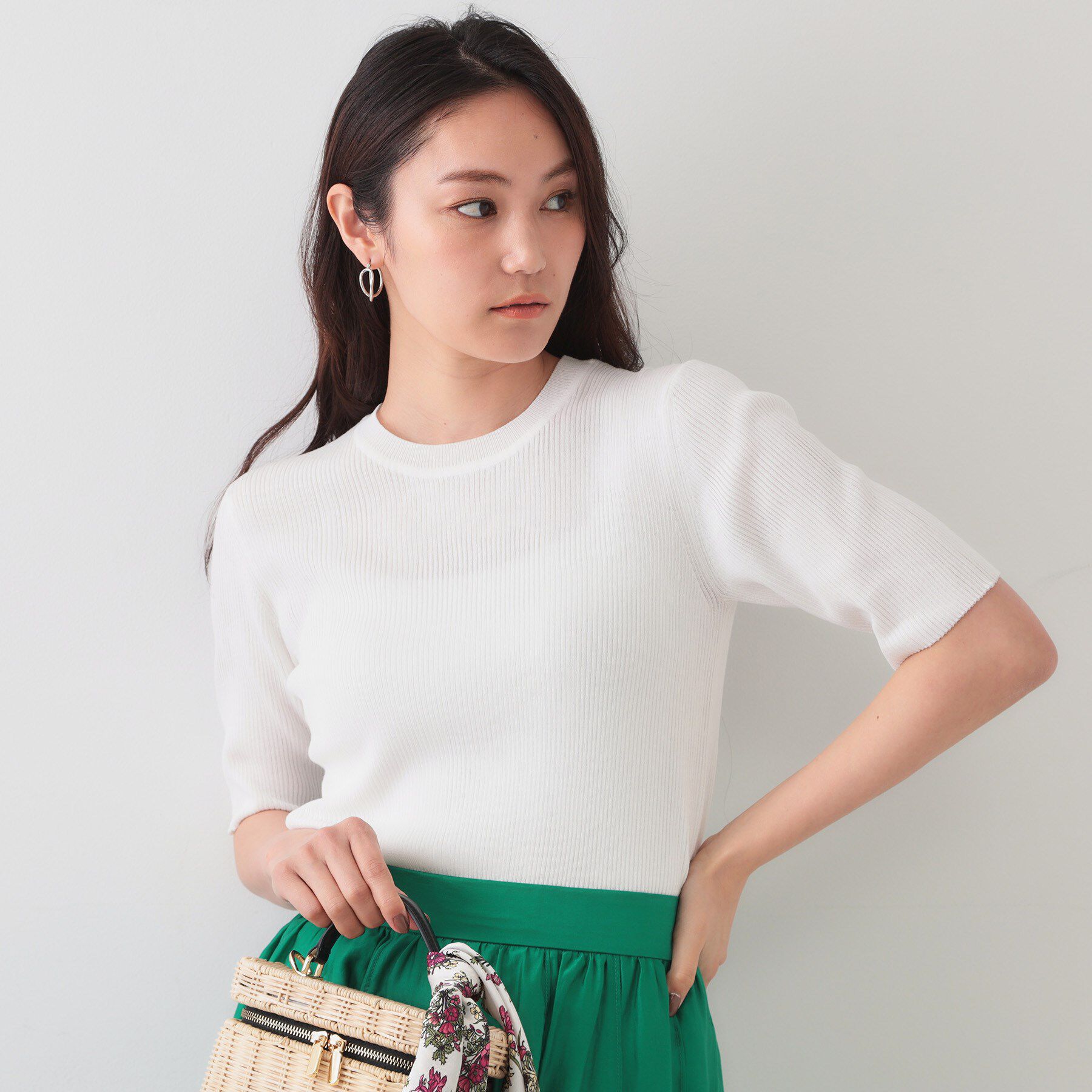 OPAQUE.CLIP「シアーリブハーフスリーブニット【洗濯機洗い可/抗ピル】」|ニット・セーター|ホワイト(001)