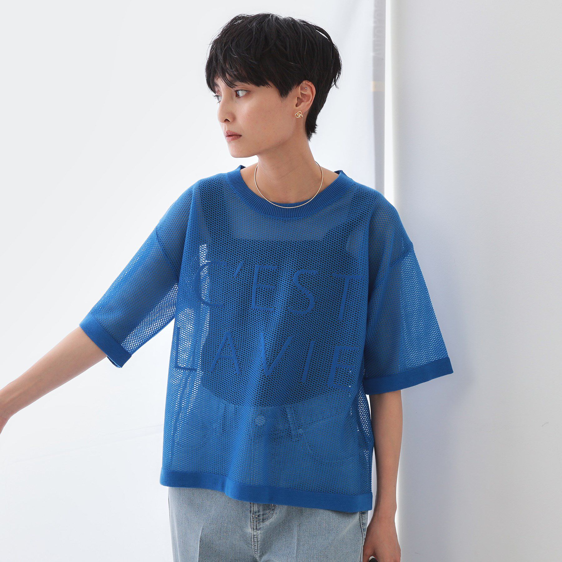 OPAQUE.CLIP「メッシュロゴニット【洗濯機洗い可】」|ニット・セーター|ブルー(092)