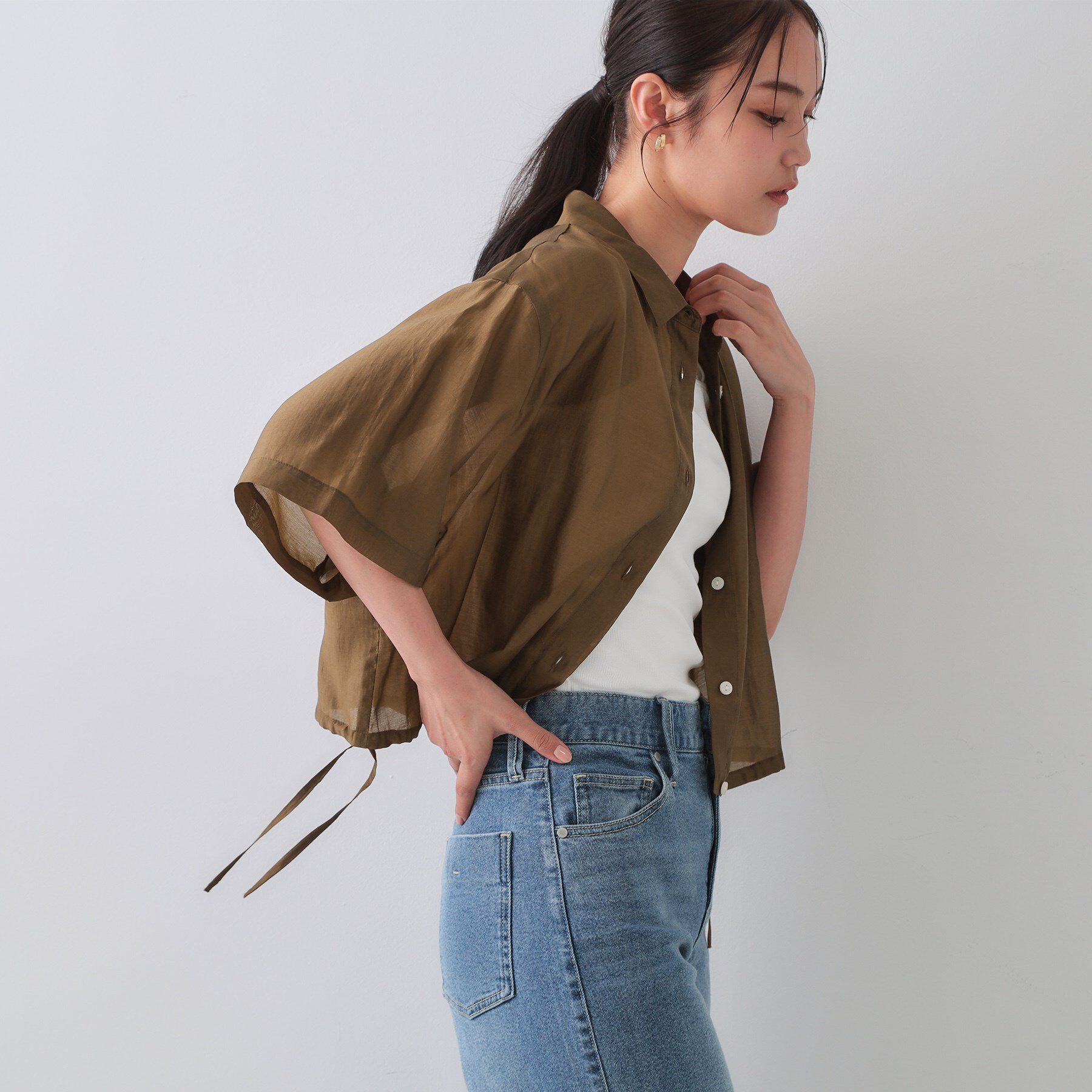 OPAQUE.CLIP「裾ドロストシアーショートシャツ【洗濯機洗い可】」|シャツ・ブラウス|ブラウン(043)