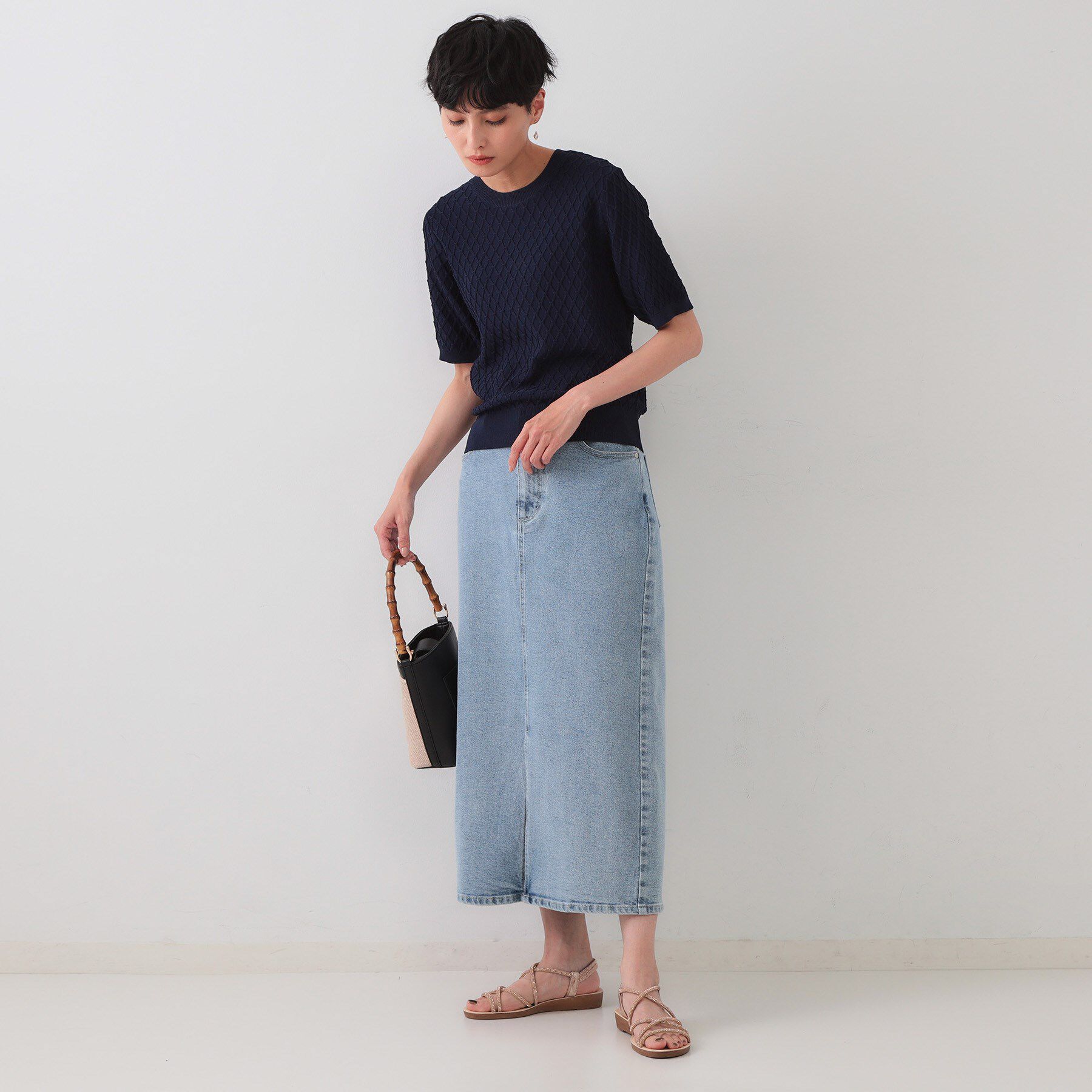 OPAQUE.CLIP「柄編みハーフスリーブニット【洗濯機洗い可】」|ニット・セーター|