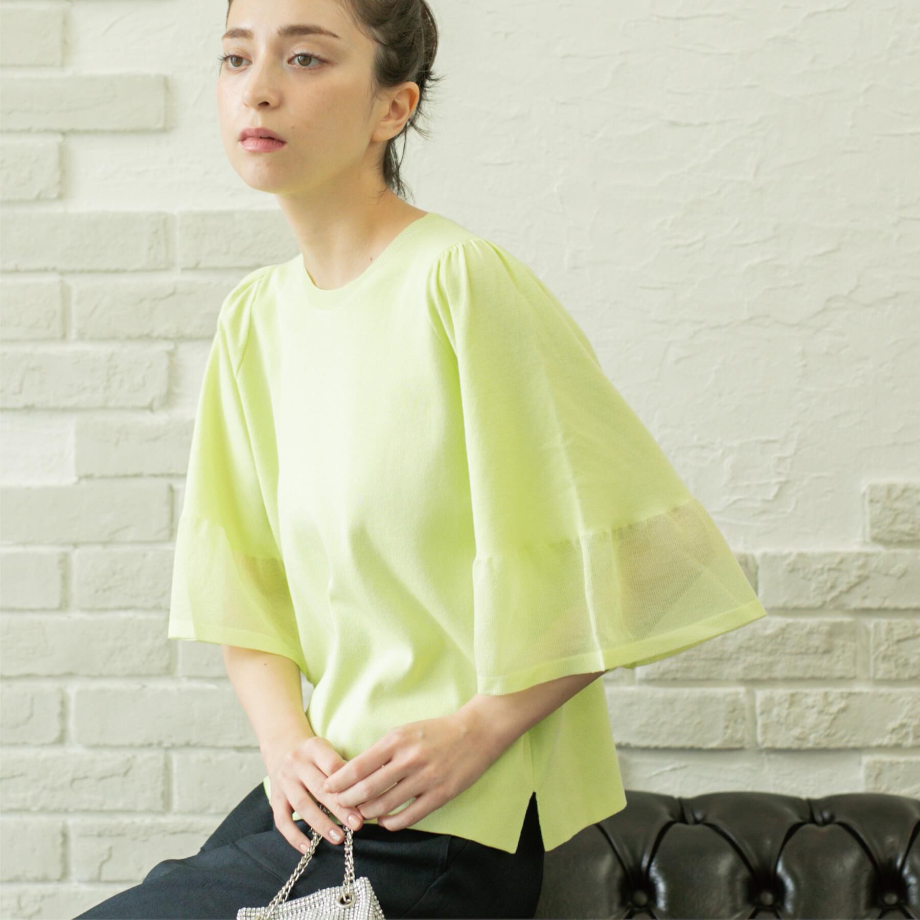 OPAQUE.CLIP「《5色展開》シアーフレアスリーブニット【洗濯機洗い可】」|ニット・セーター|ライトグリーン(02