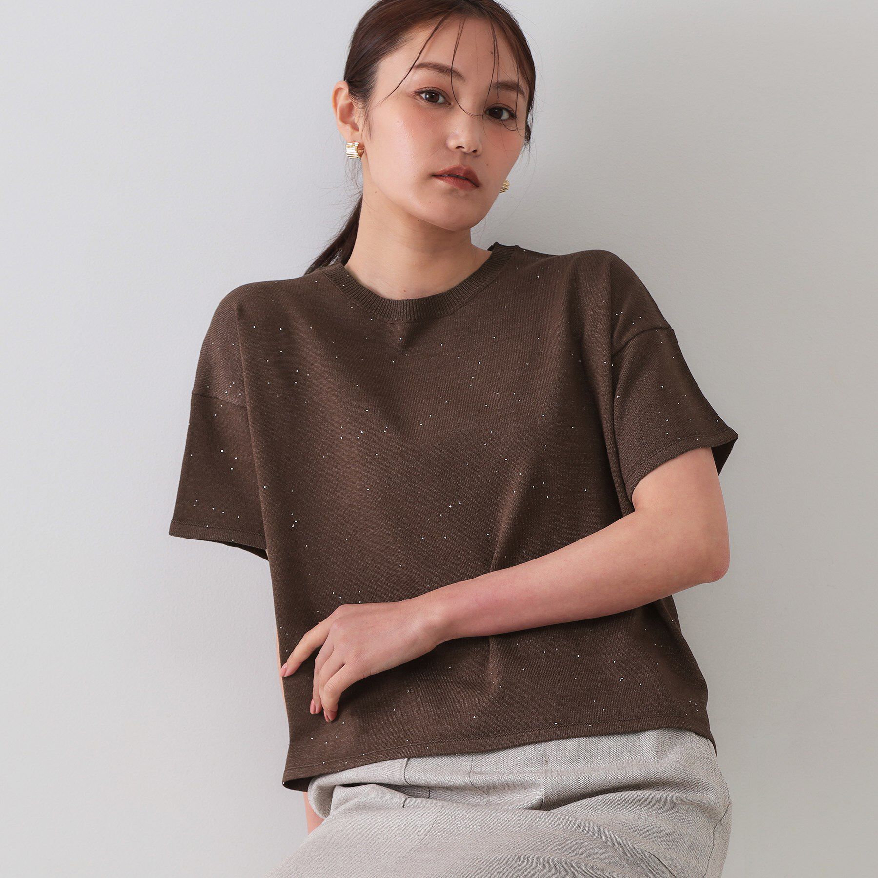 OPAQUE.CLIP「スパンコールサマーニット【洗濯機洗い可/抗ピル】」|ニット・セーター|ブラウン(044)