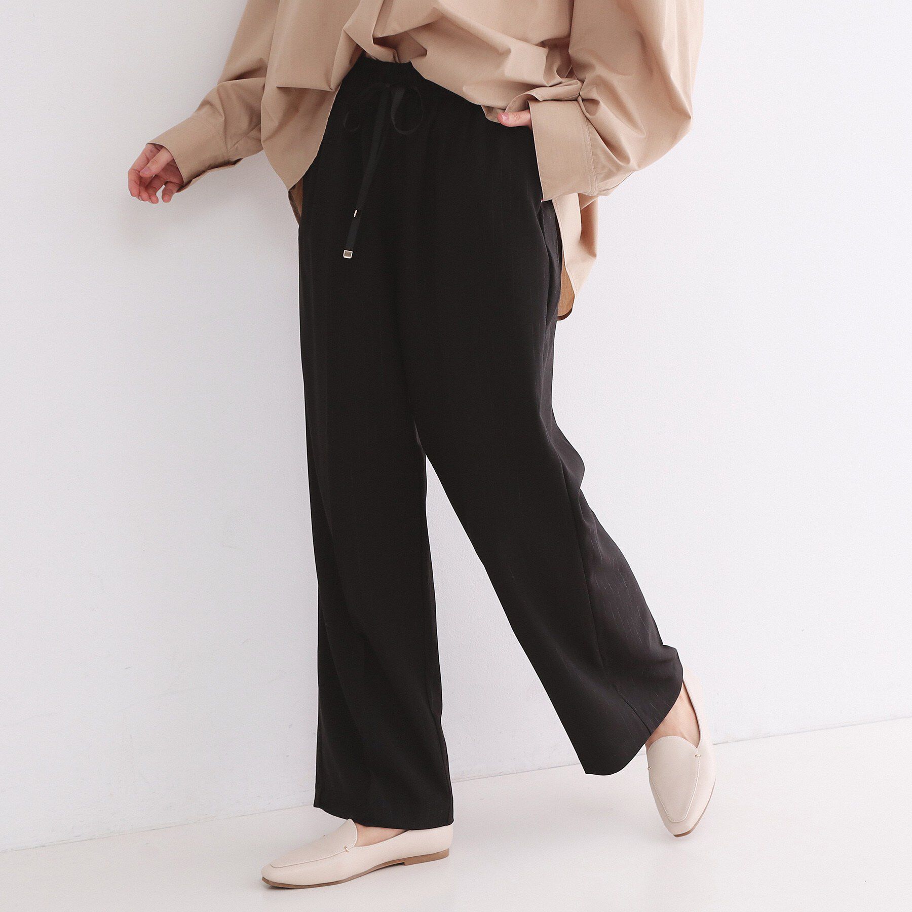 OPAQUE.CLIP「ラメストライプイージーワイドパンツ/セットアップ可【洗濯機洗い可/防シワ/吸水速乾】」|その他|ブラック(319)