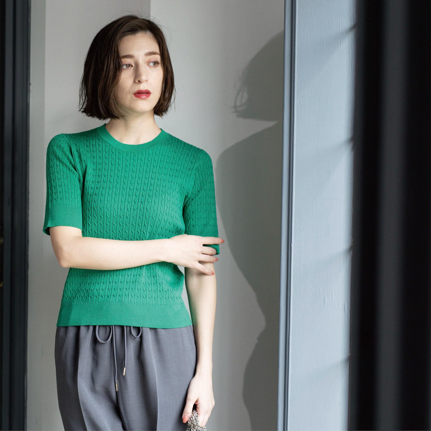 OPAQUE.CLIP「ケーブルハーフスリーブニット【UVケア/洗濯機OK】《6col/S～LL》」|ニット・セーター|