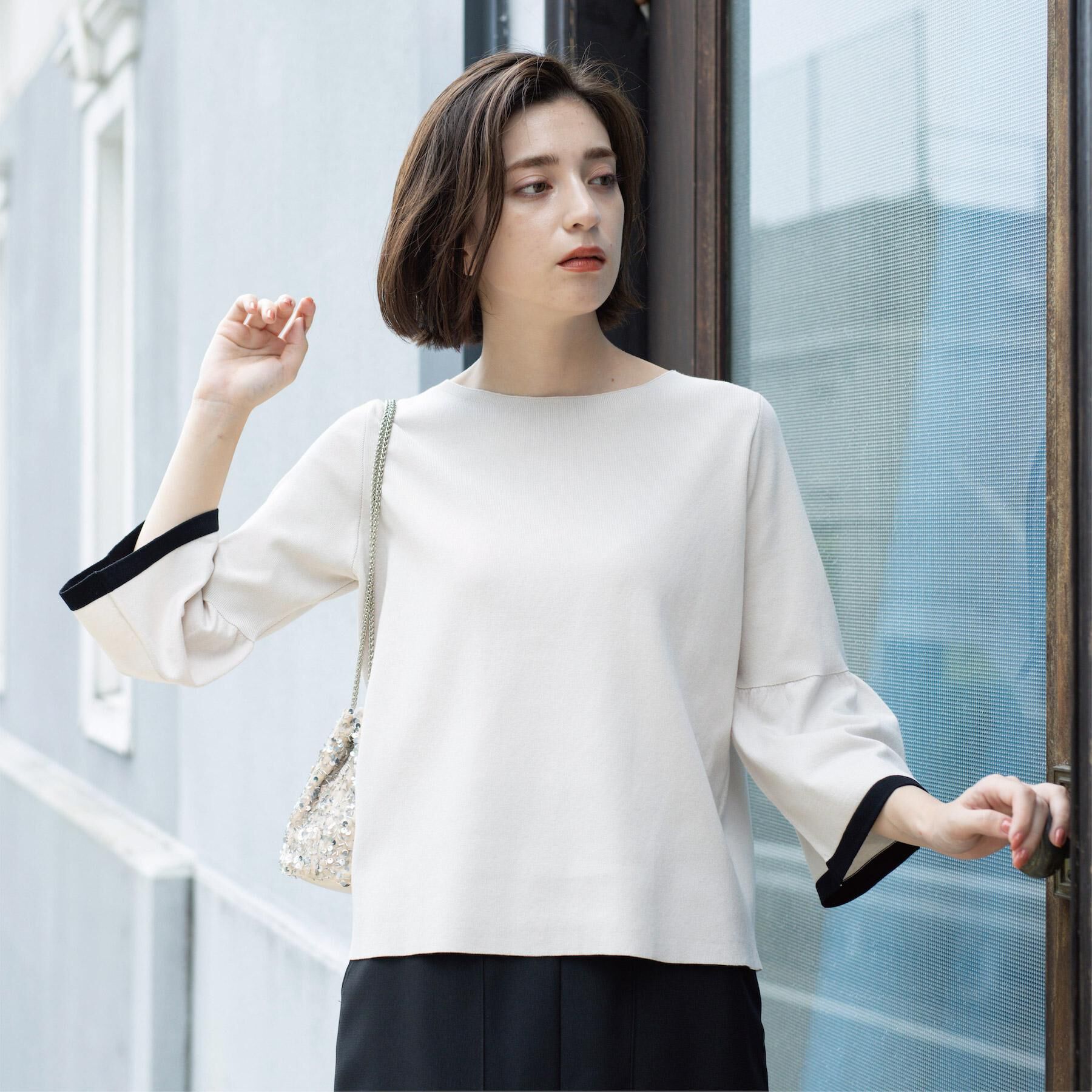 OPAQUE.CLIP「配色フレアスリーブニット【UVケア/洗濯機OK】」|ニット・セーター|