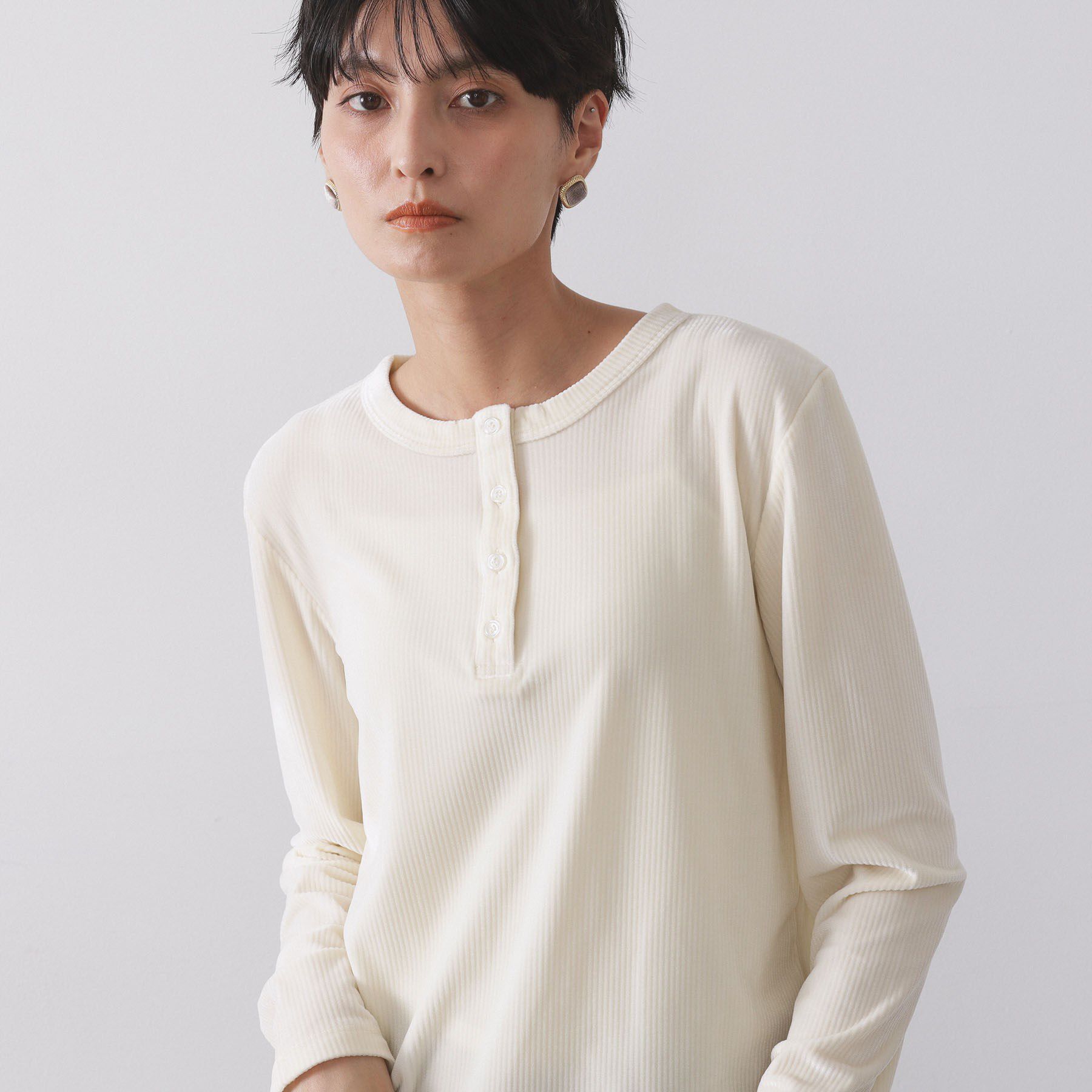 OPAQUE.CLIP「ベロアタッチリブトップス【洗濯機OK】」|Tシャツ・カットソー|オフホワイト(003