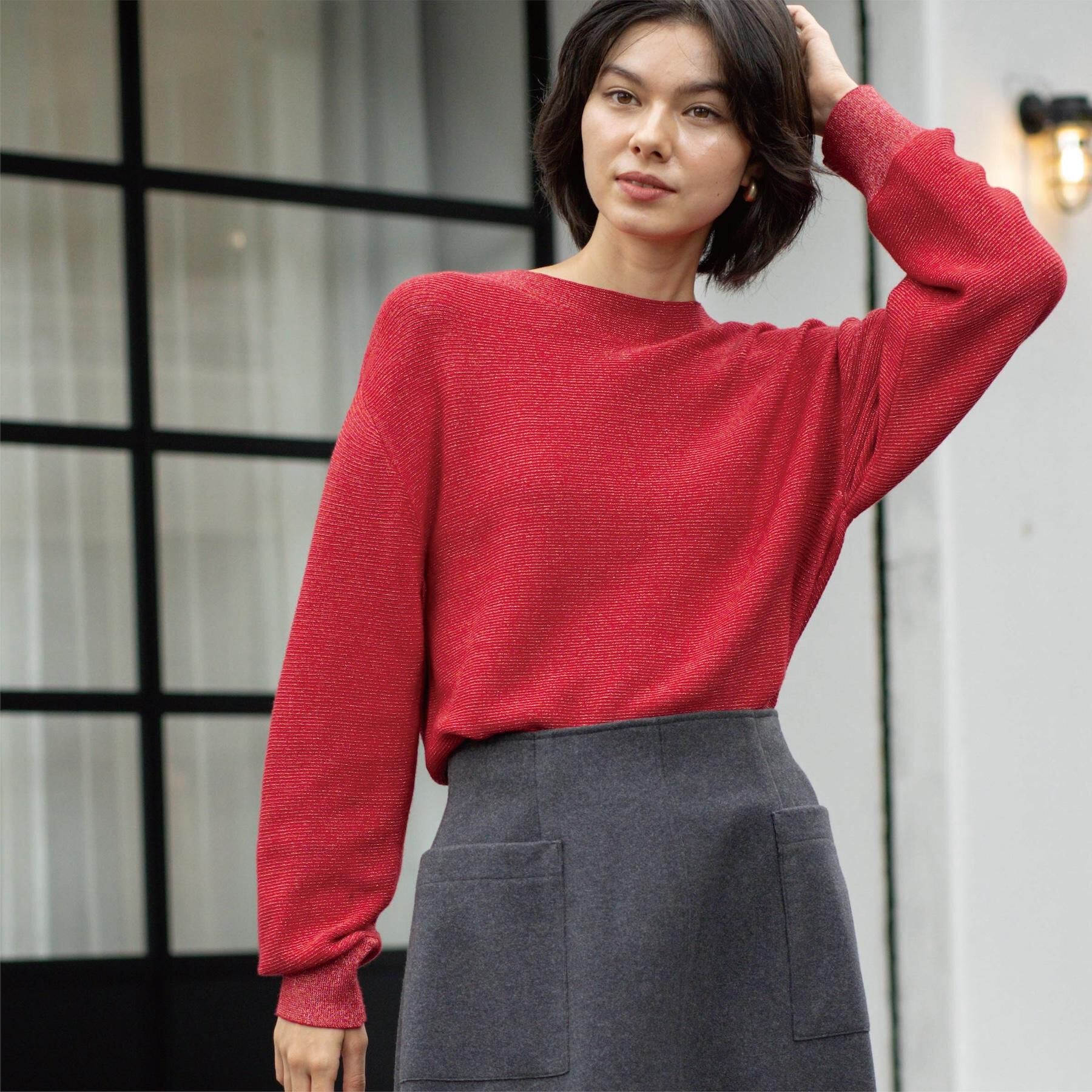 OPAQUE.CLIP「ラメガーターボートネックニット【洗濯機OK】」|ニット・セーター|レッド(862)