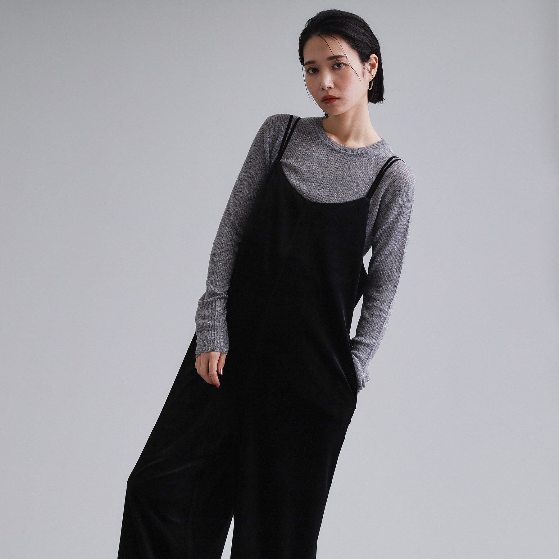 OPAQUE.CLIP「【es】ベロアサロペット【洗濯機OK】」|オールインワン|ブラック(019)