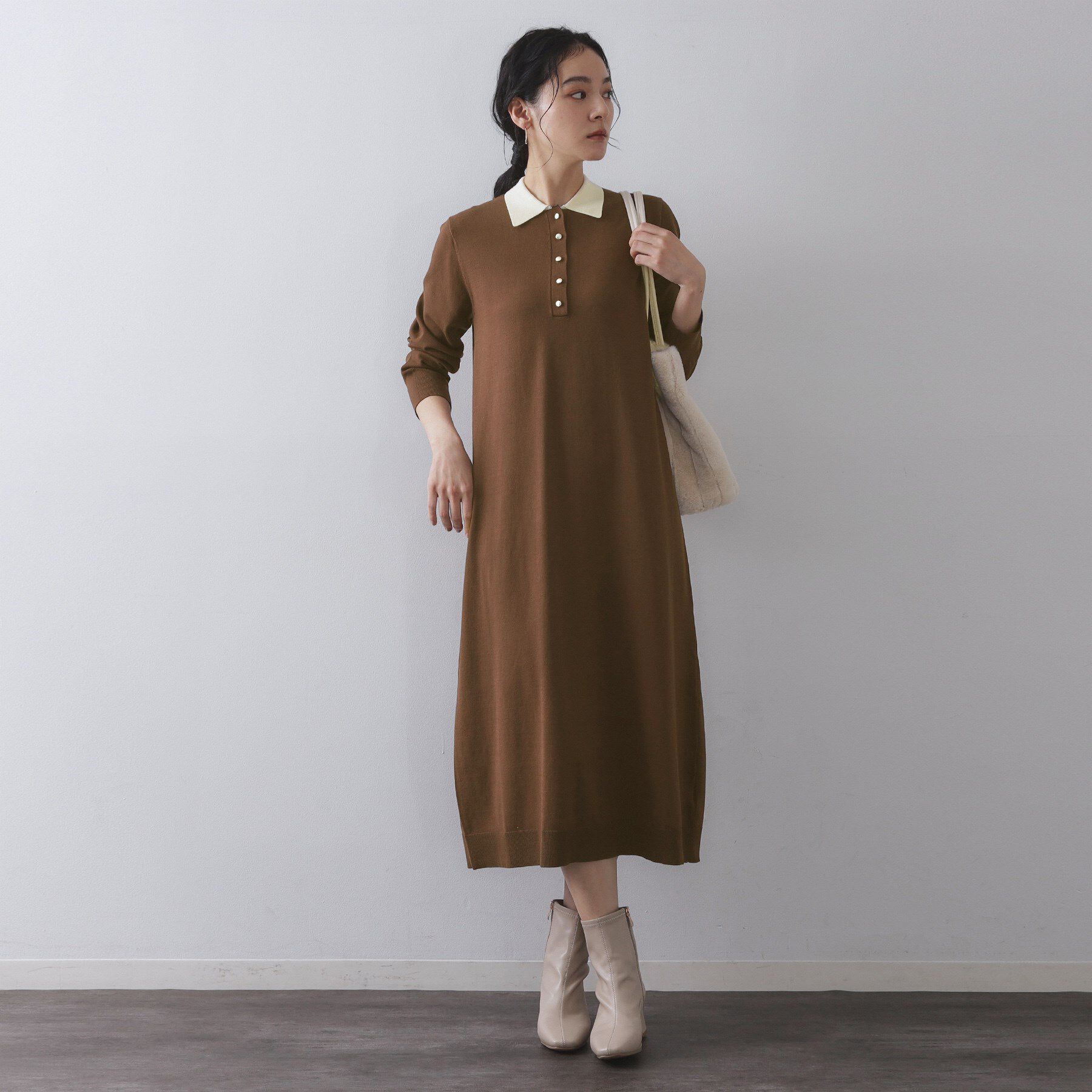 OPAQUE.CLIP「配色ポロ衿ニットワンピース【洗濯機OK】」|ワンピース|ブラウン(544)