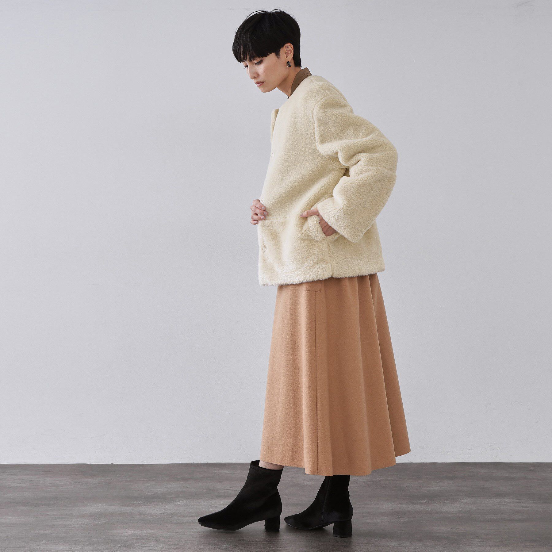 OPAQUE.CLIP「フェイクボア切替ショートコート」|ノーカラーコート|