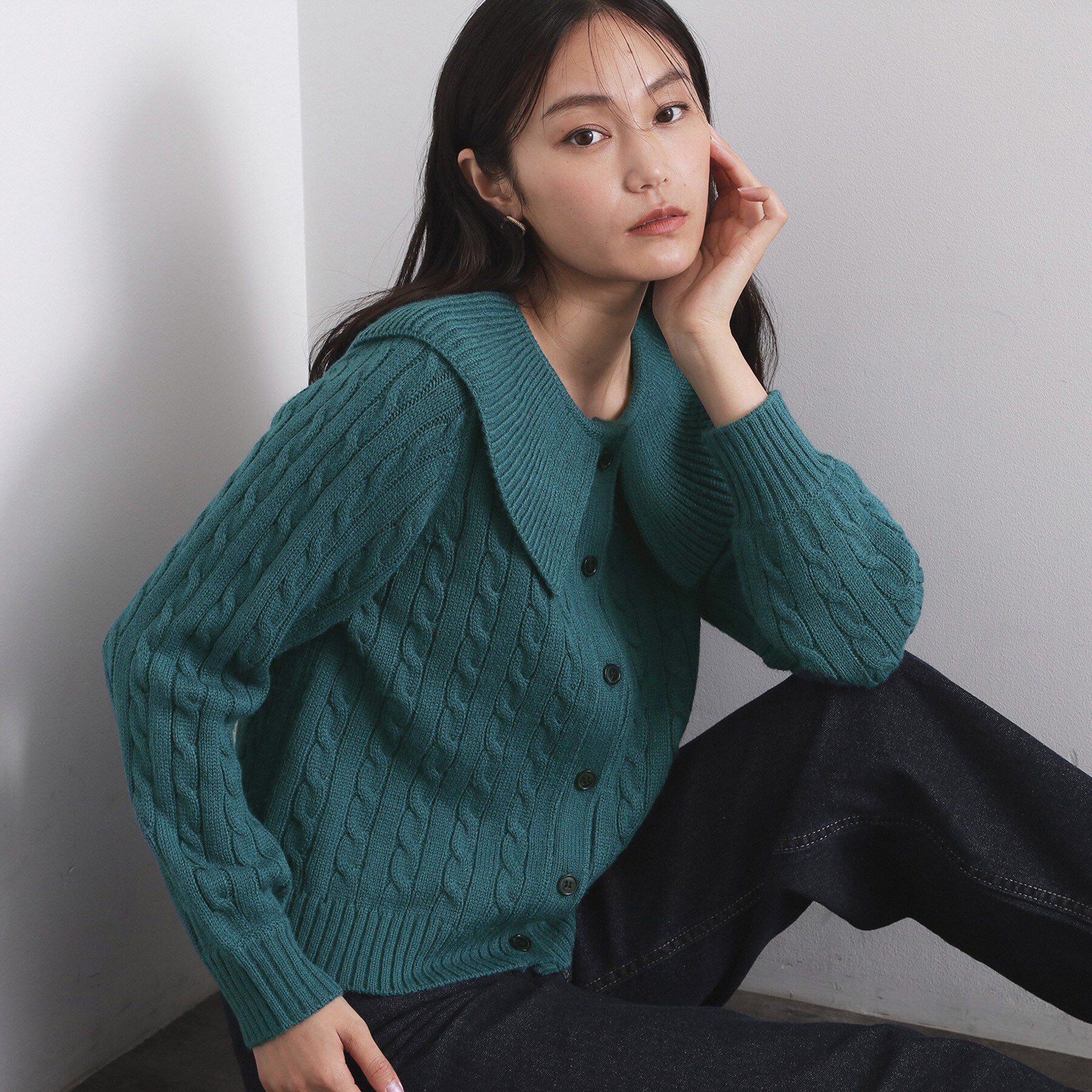 OPAQUE.CLIP「ビック襟ケーブルニット【洗濯機OK／抗ピル】」|ニット・セーター|ブルーグリーン(09