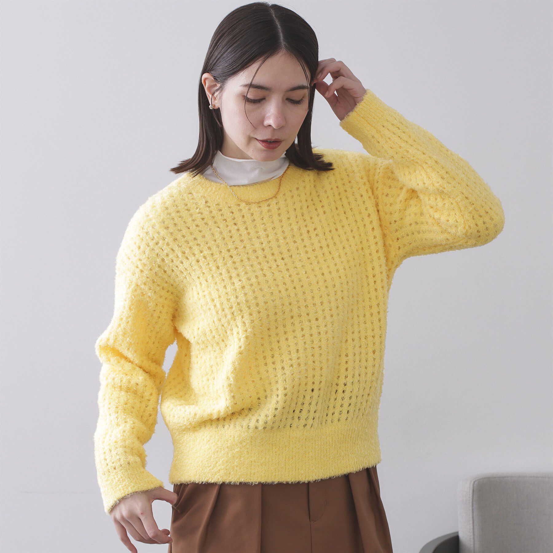 OPAQUE.CLIP「モールヤーンメッシュニット【洗濯機OK】」|ニット・セーター|イエロー(031)