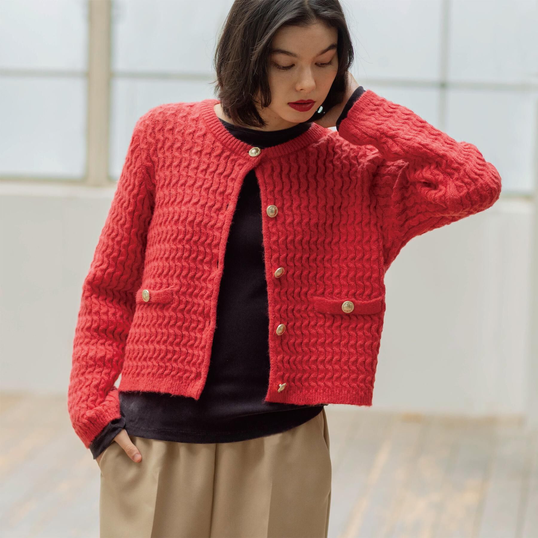 OPAQUE.CLIP「モヘヤタッチケーブル金ボタンカーディガン【洗濯機OK】」|カーディガン|