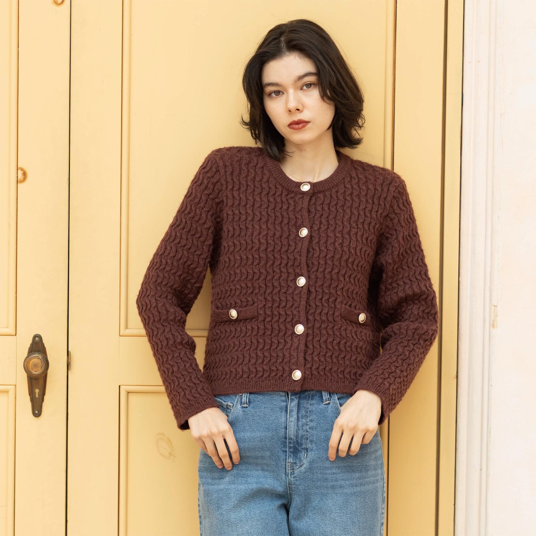 OPAQUE.CLIP「モヘヤタッチケーブル金ボタンカーディガン【洗濯機OK】」|カーディガン|