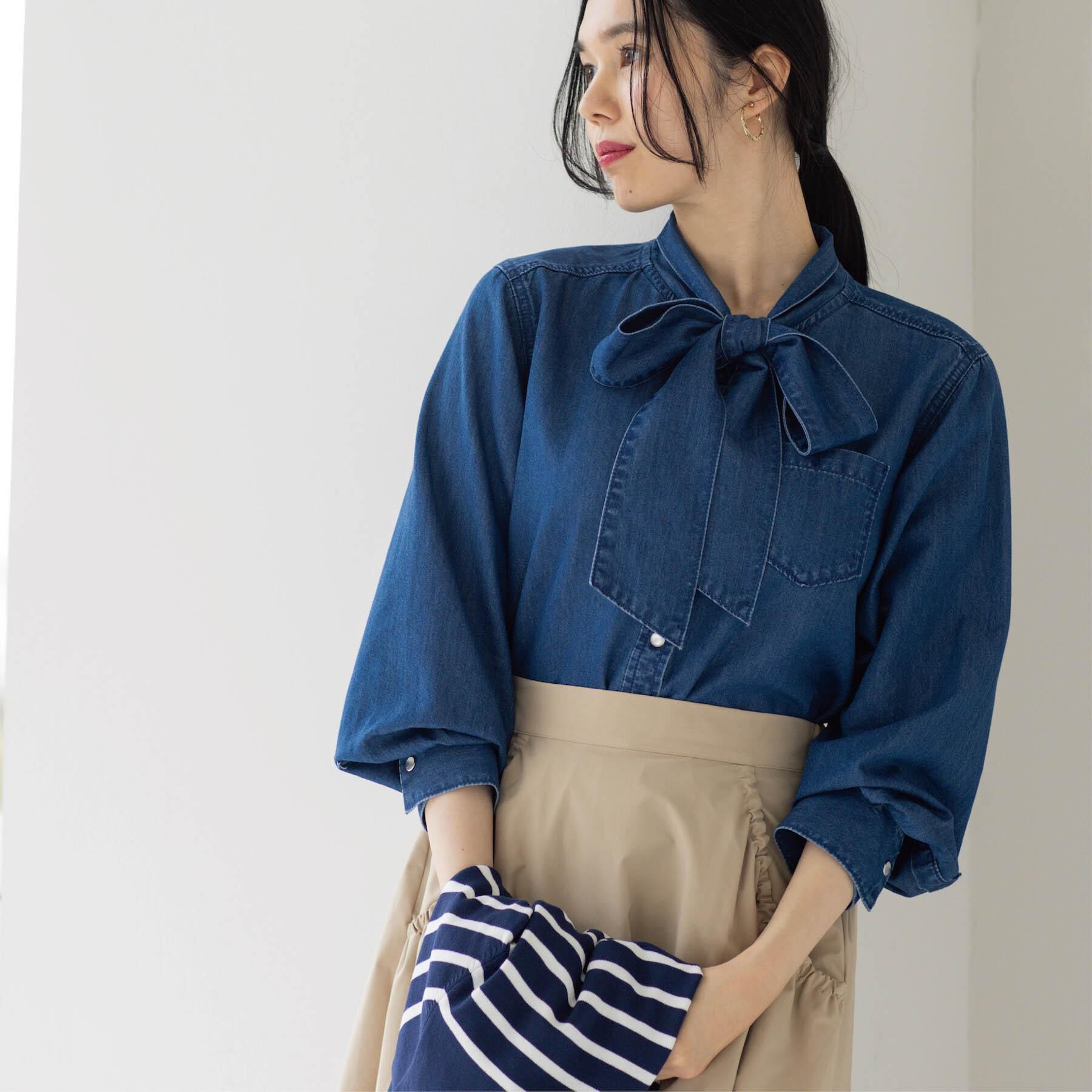 OPAQUE.CLIP「セルロース混デニムボウタイブラウス【洗濯機OK】」|シャツ・ブラウス|ブルー(093)