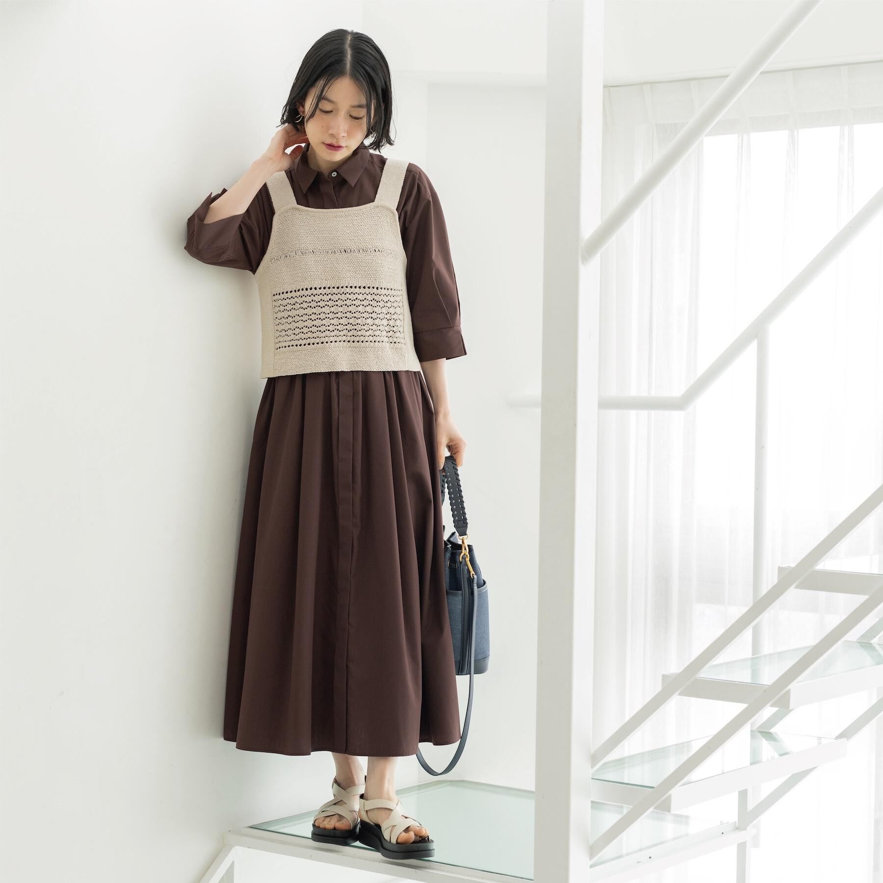 OPAQUE.CLIP「サッシュリボンベルト付きフレアシャツワンピース【洗濯機OK/防シワ加工】」|ワンピース|ブラウン(044)