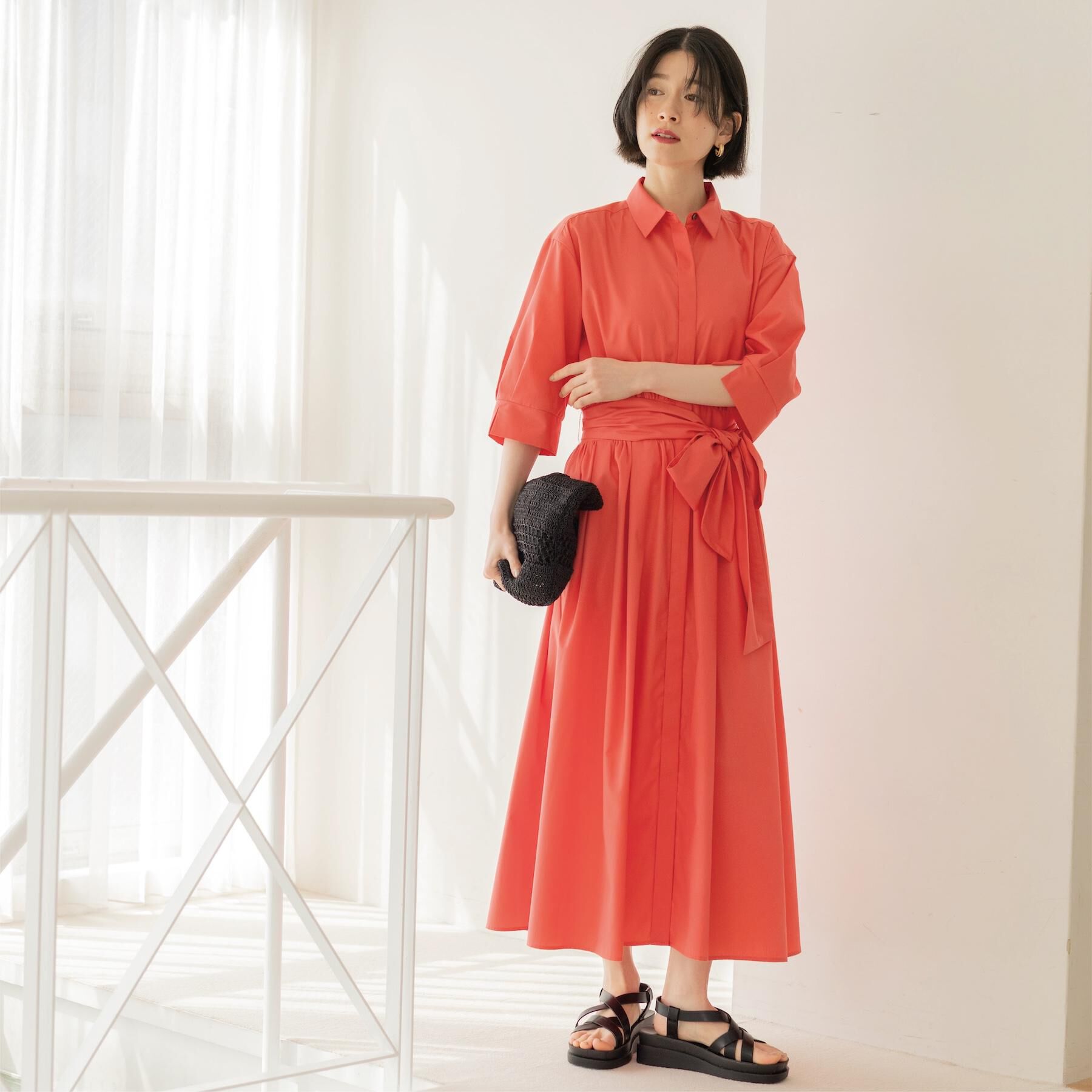 OPAQUE.CLIP「サッシュリボンベルト付きフレアシャツワンピース【洗濯機OK/防シワ加工】」|ワンピース|