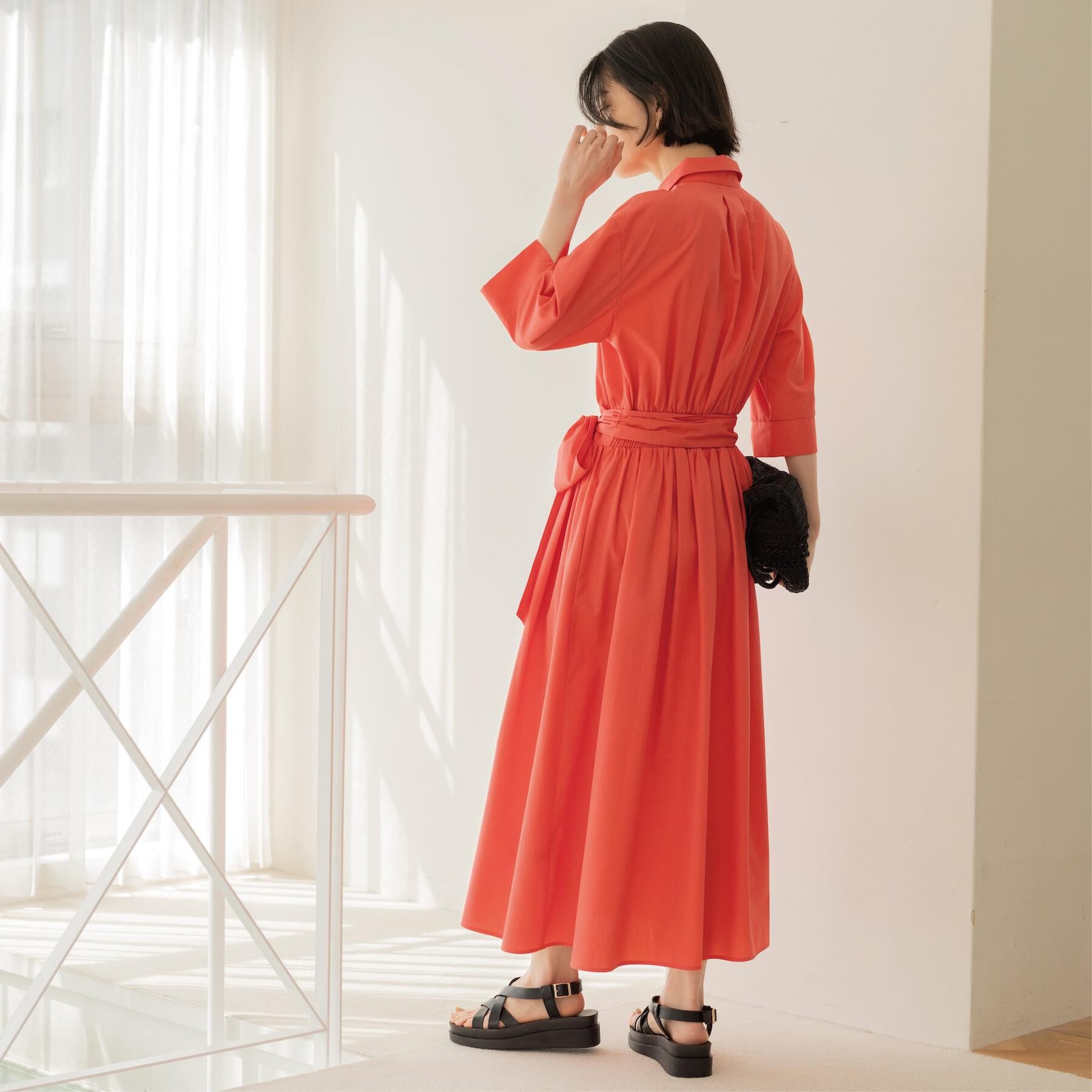 OPAQUE.CLIP「サッシュリボンベルト付きフレアシャツワンピース【洗濯機OK/防シワ加工】」|ワンピース|