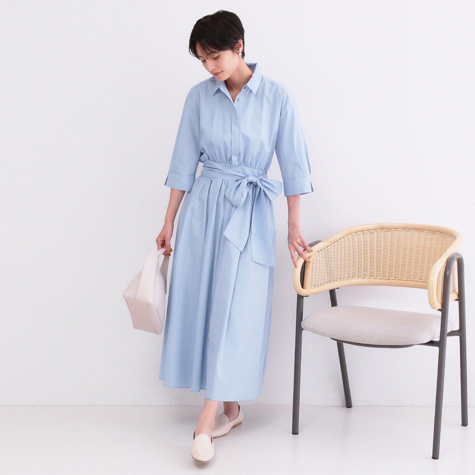 OPAQUE.CLIP「サッシュリボンベルト付きフレアシャツワンピース【洗濯機OK/防シワ加工】」|ワンピース|