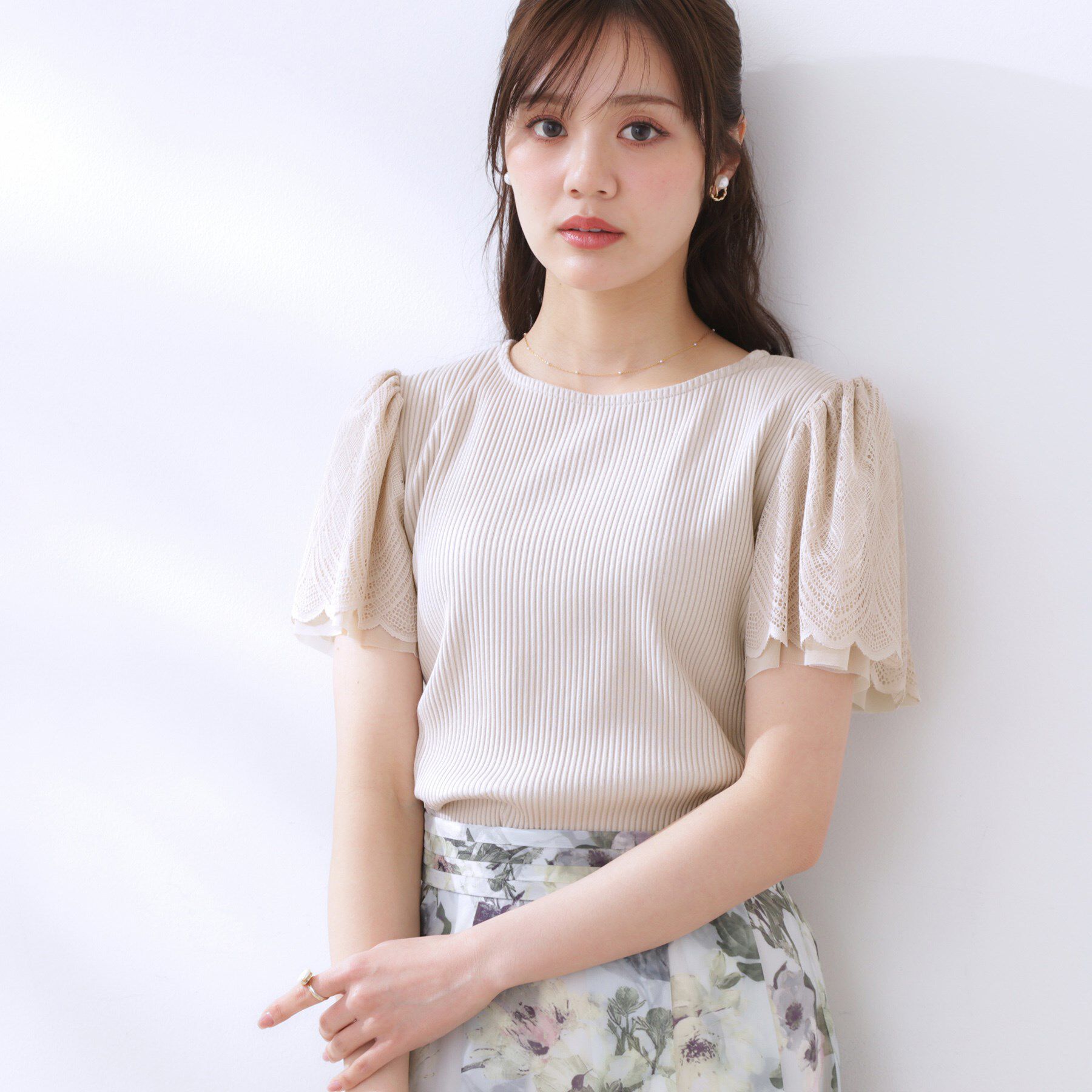 Couture broach「【二の腕カバー・通勤】レース袖テレコトップス」|Tシャツ・カットソー|