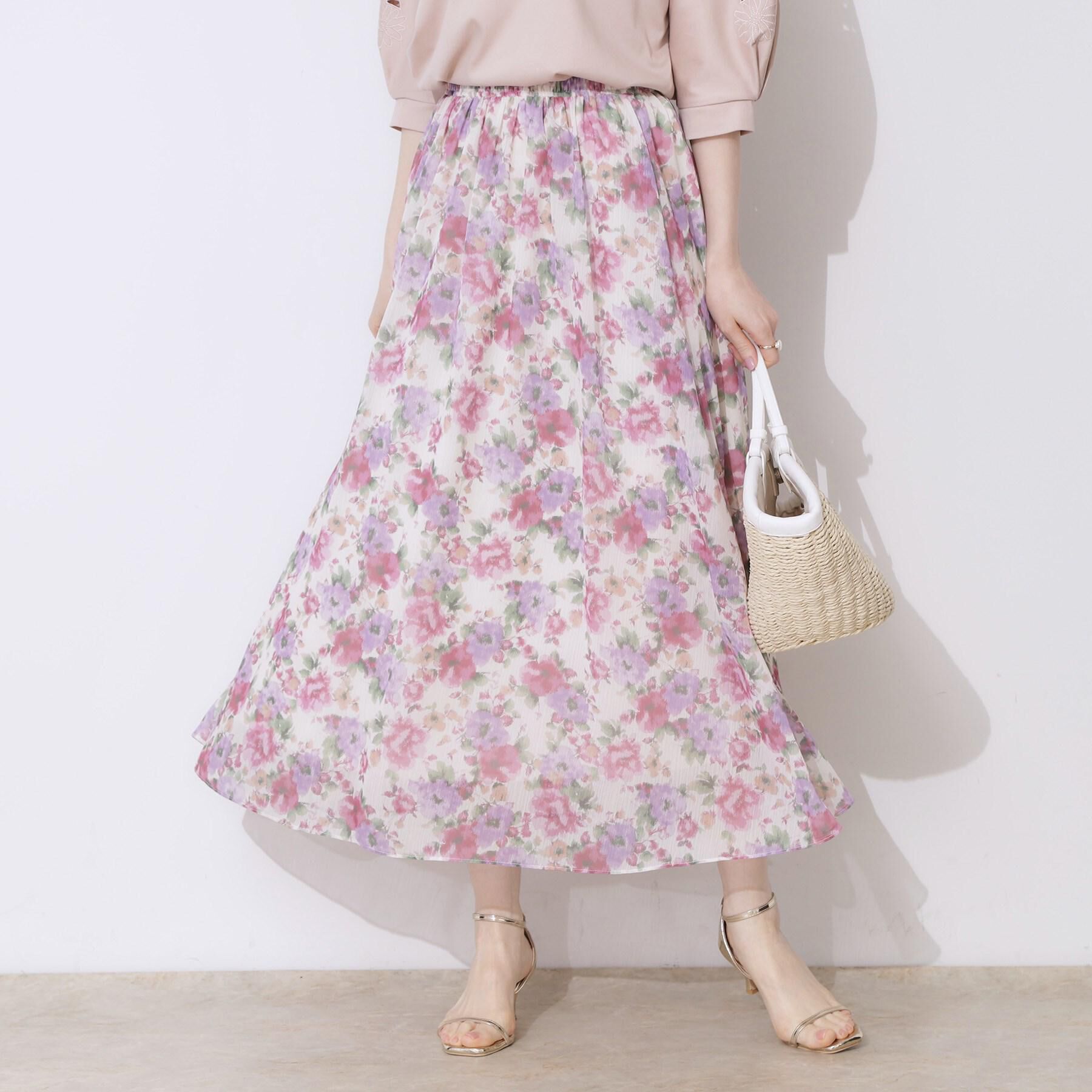 Couture broach「【華やか・ウエストゴム】かすれプリント楊柳スカート」|スカート|ピンク(171)
