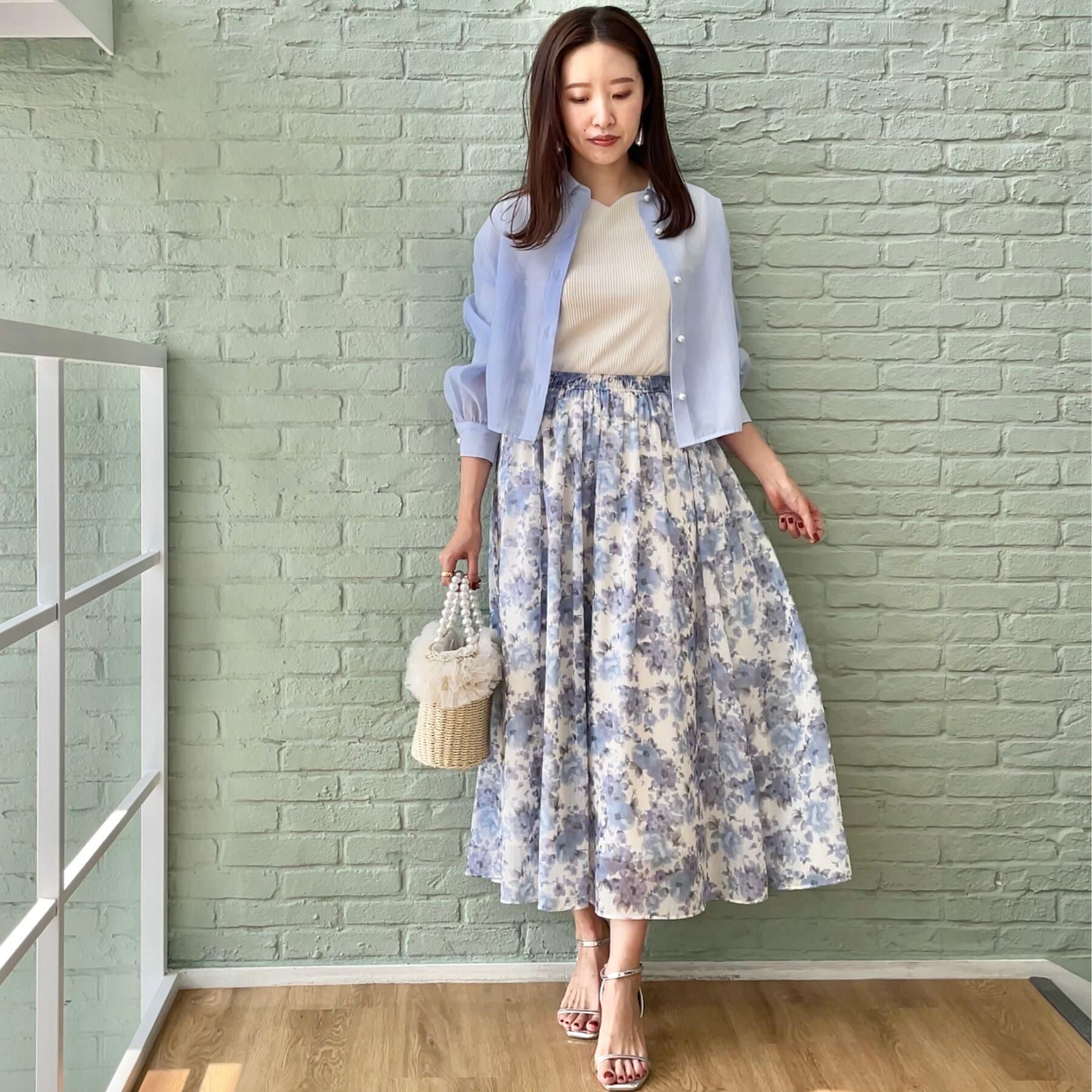 Couture broach「【華やか・ウエストゴム】かすれプリント楊柳スカート」|スカート|