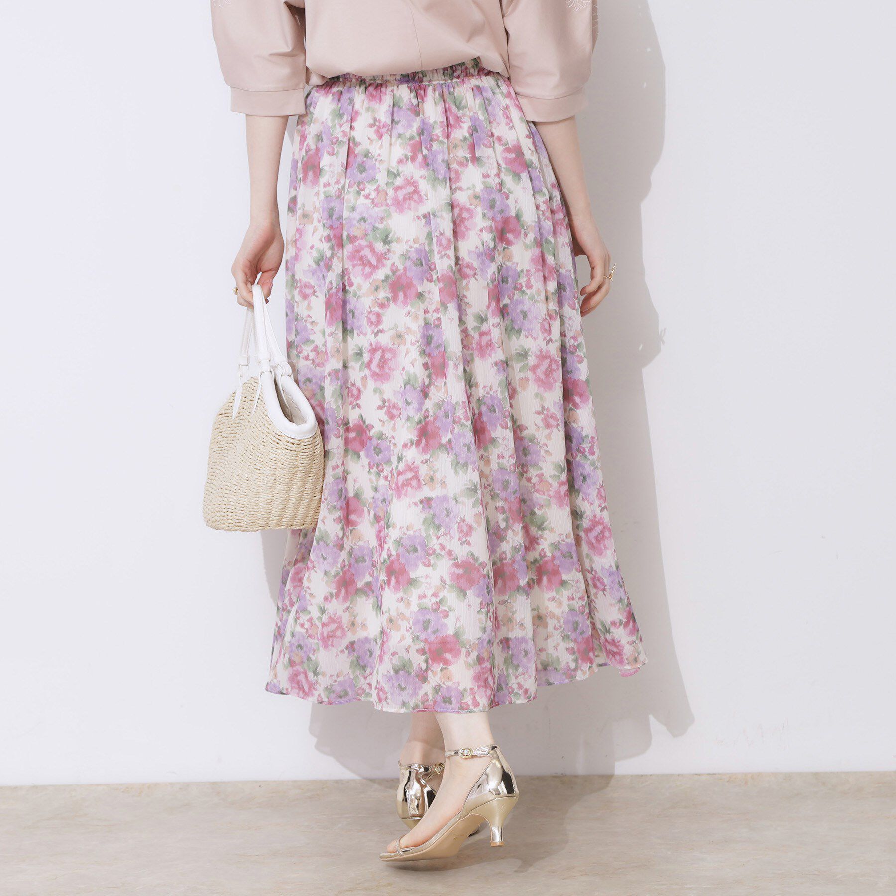 Couture broach「【華やか・ウエストゴム】かすれプリント楊柳スカート」|スカート|