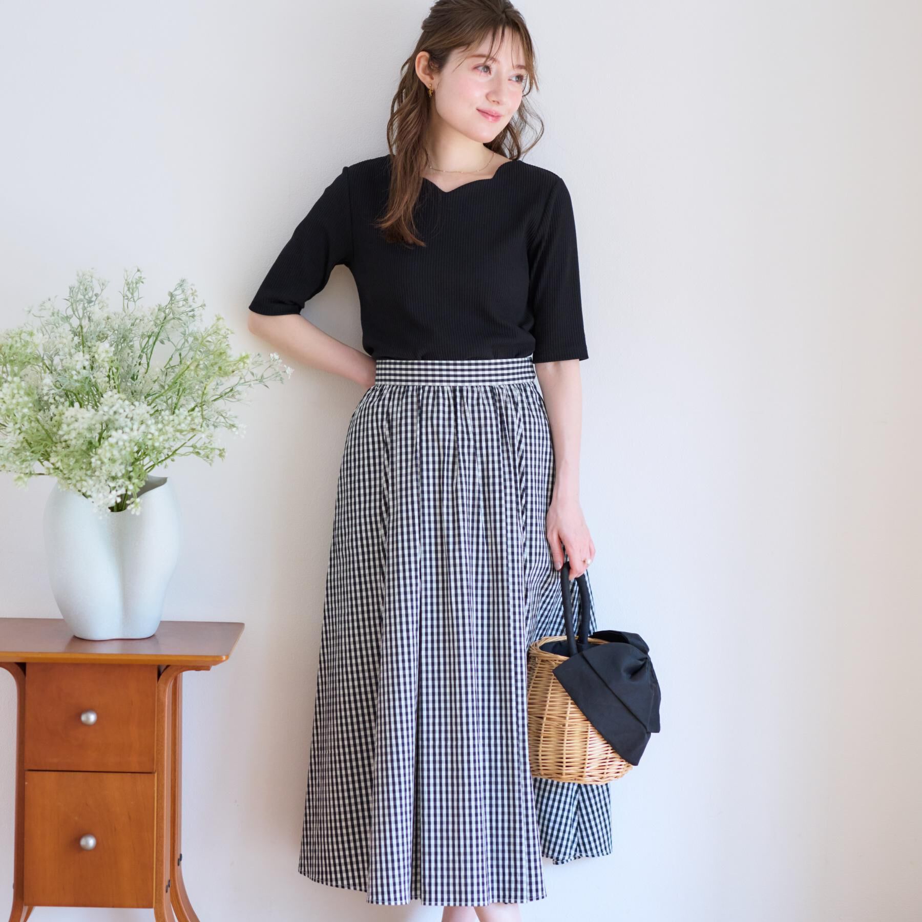 Couture broach「【大人可愛い・ゴム仕様】ギンガムチェック　タック＆ギャザースカート」|スカート|