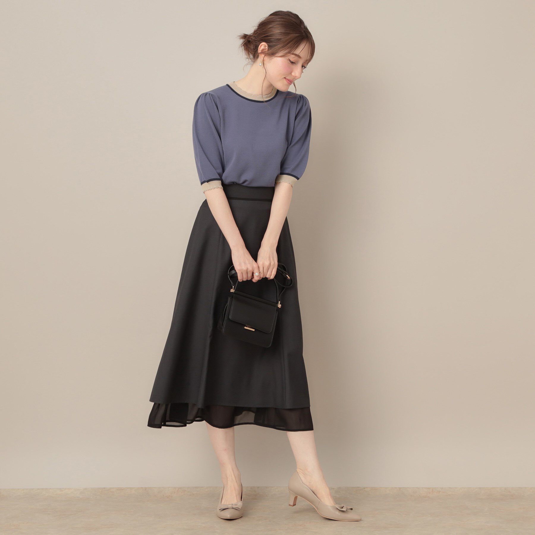 Couture broach「【5分袖・華奢見え・通勤】配色スカラ5分袖ニット」|ニット・セーター|