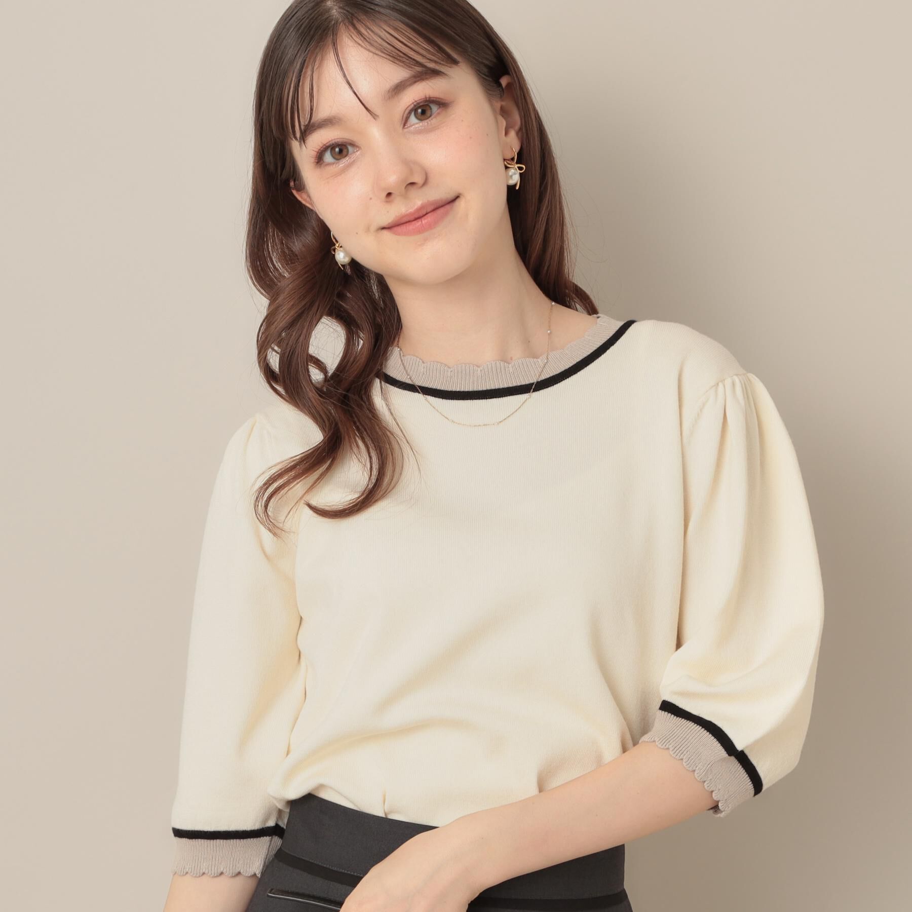 Couture broach「【5分袖・華奢見え・通勤】配色スカラ5分袖ニット」|ニット・セーター|