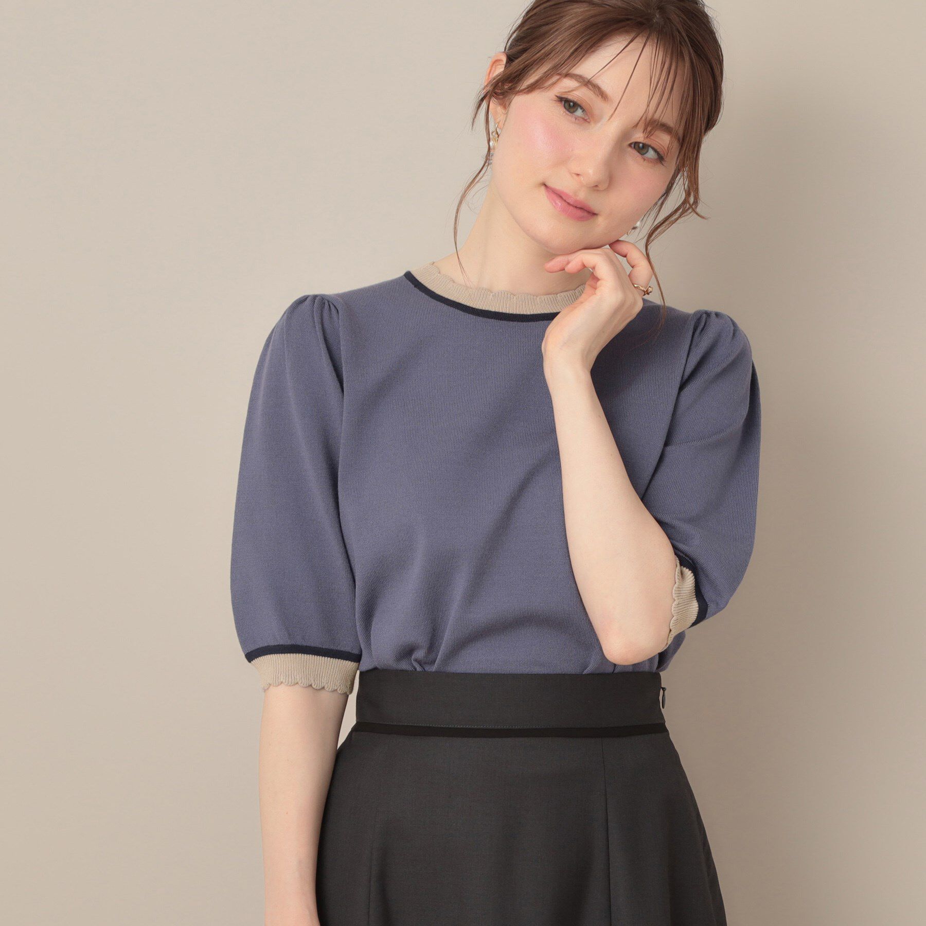 Couture broach「【5分袖・華奢見え・通勤】配色スカラ5分袖ニット」|ニット・セーター|ブルー(093)