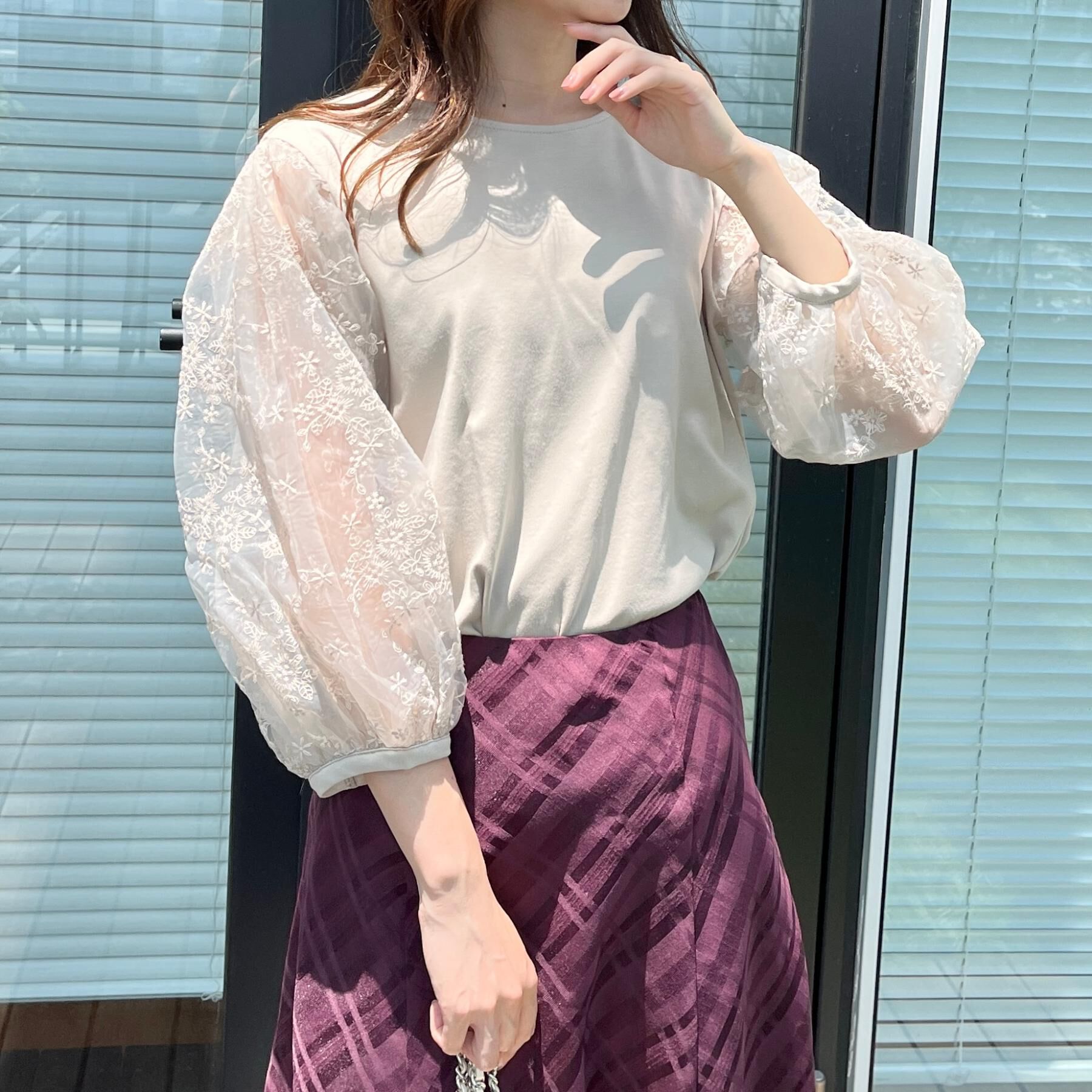 Couture broach「【接触冷感・UVカット・マシンウォッシャブル】袖レースドッキングカットソー」|Tシャツ・カットソー|